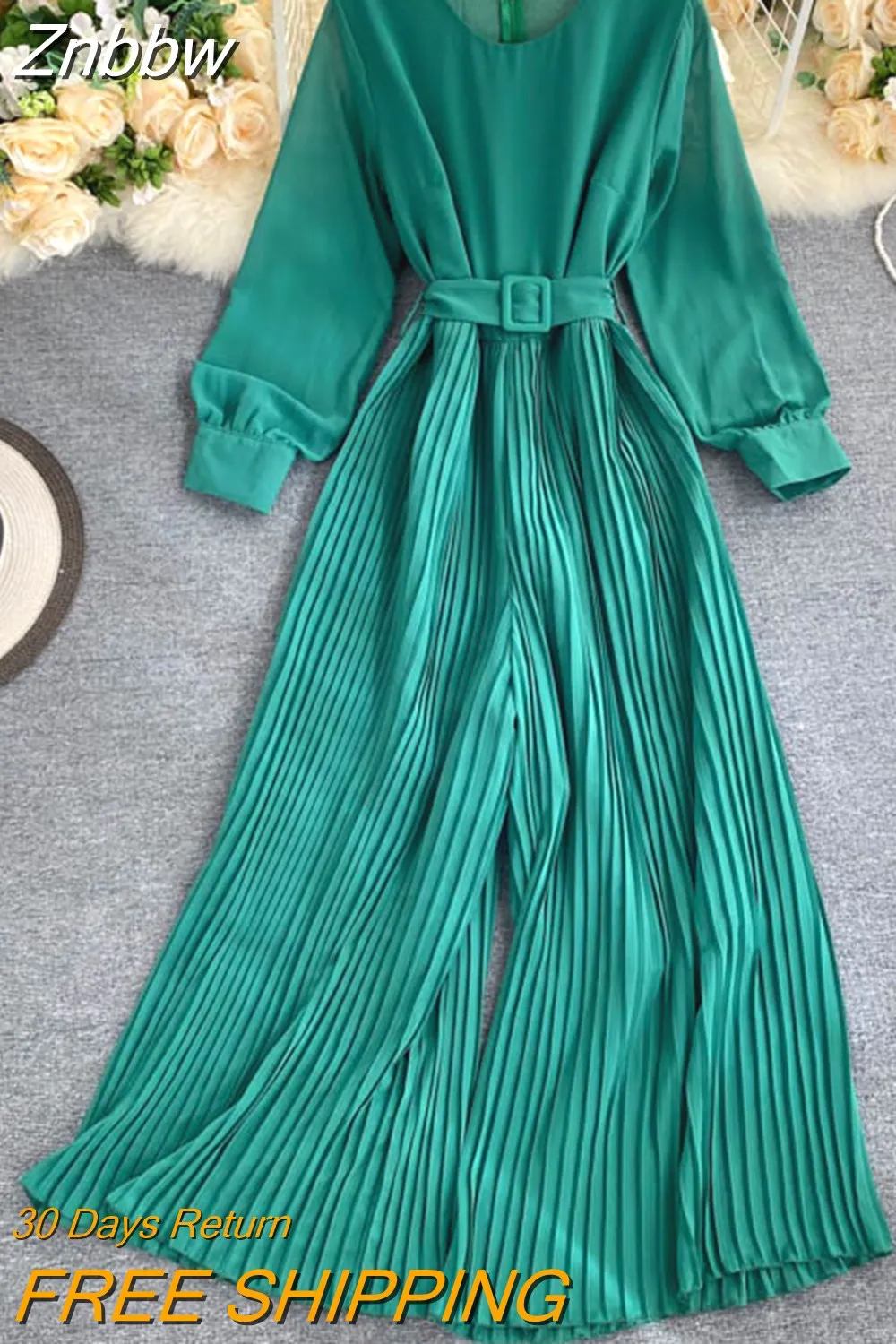 Znbbw Women's Spring Autumn Jumpsuit New Solid Color Round Neck Long-sleeved Pleated Wide-leg Pants Lace Up Thin Jumpsuit LL061 - Image 4