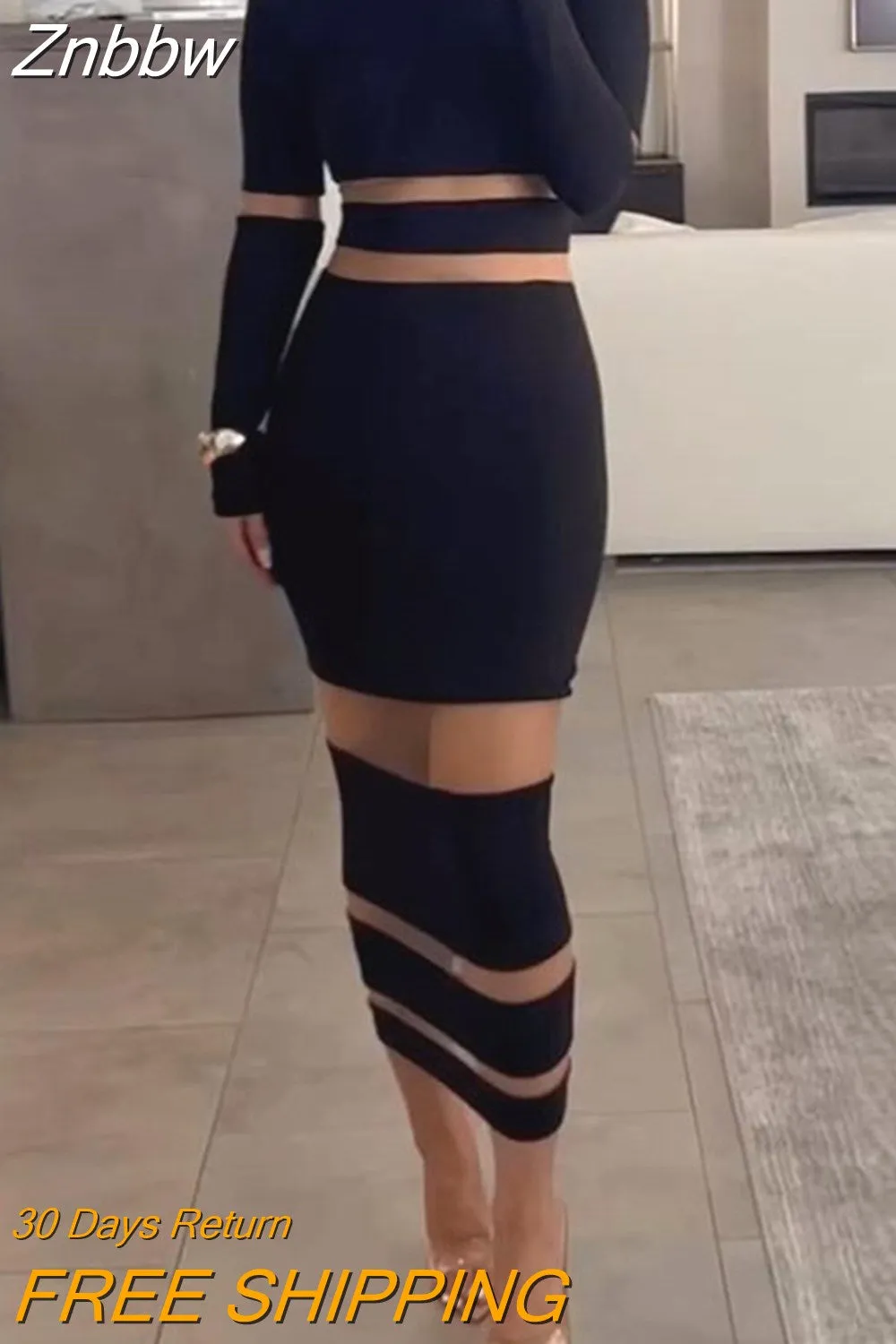 Znbbw Women's Autumn Long Sleeved Wrap Hip Dresses Black Lace Patchwork Hollow Party Dress Fashion Slash Nneck High Waist Tight Dress - Image 5