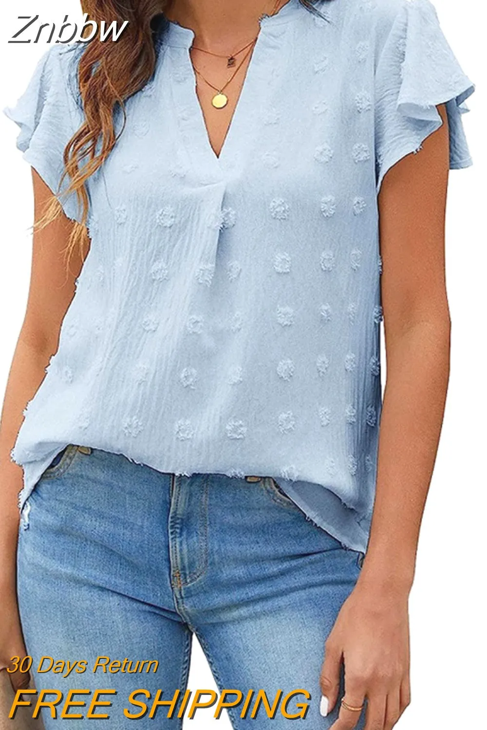 Znbbw V-neck Solid Summer Blouse Women Elegant Loose Chiffon Shirt Ladies Short Sleeve Tops White Shirts Casual Blasas 20008 - Image 3