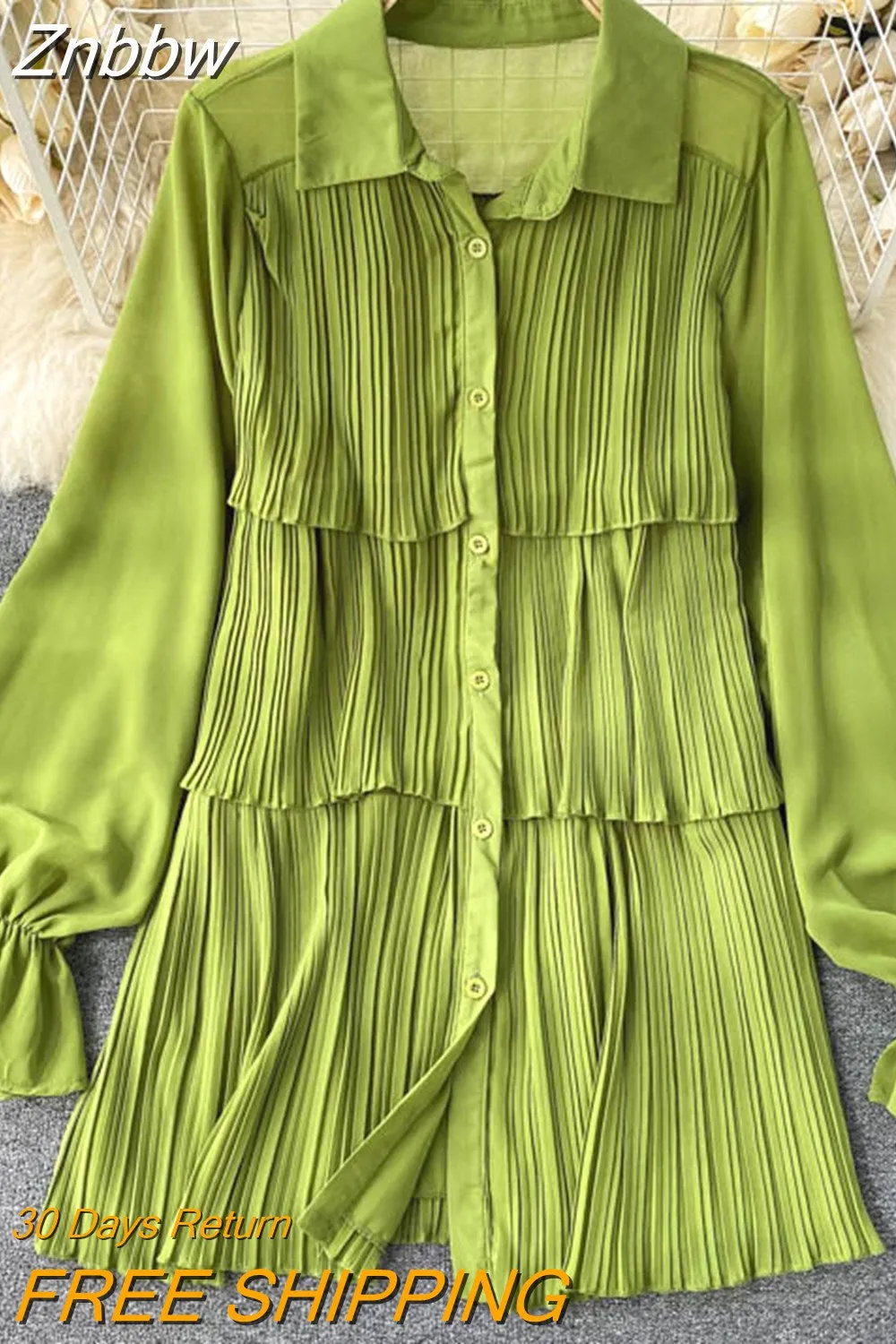 Znbbw Women's Spring Autumn Shirts New Design Niche Pleated Ruffled Mid-length Bubble Puff Sleeve Chiffon Top Female Blusa GX1044 - Image 4