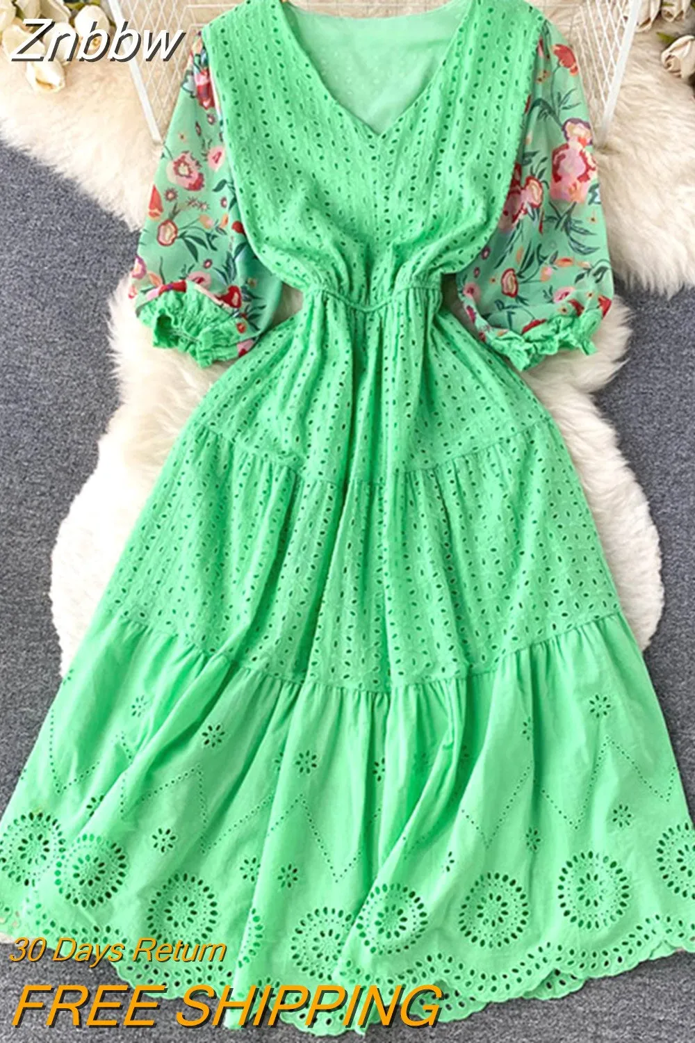 Znbbw Women Summer Dress Ethnic Printed Panel Hollow V-neck Temperament Vestidos Female Small Stature Seaside Holiday D2047 - Image 8