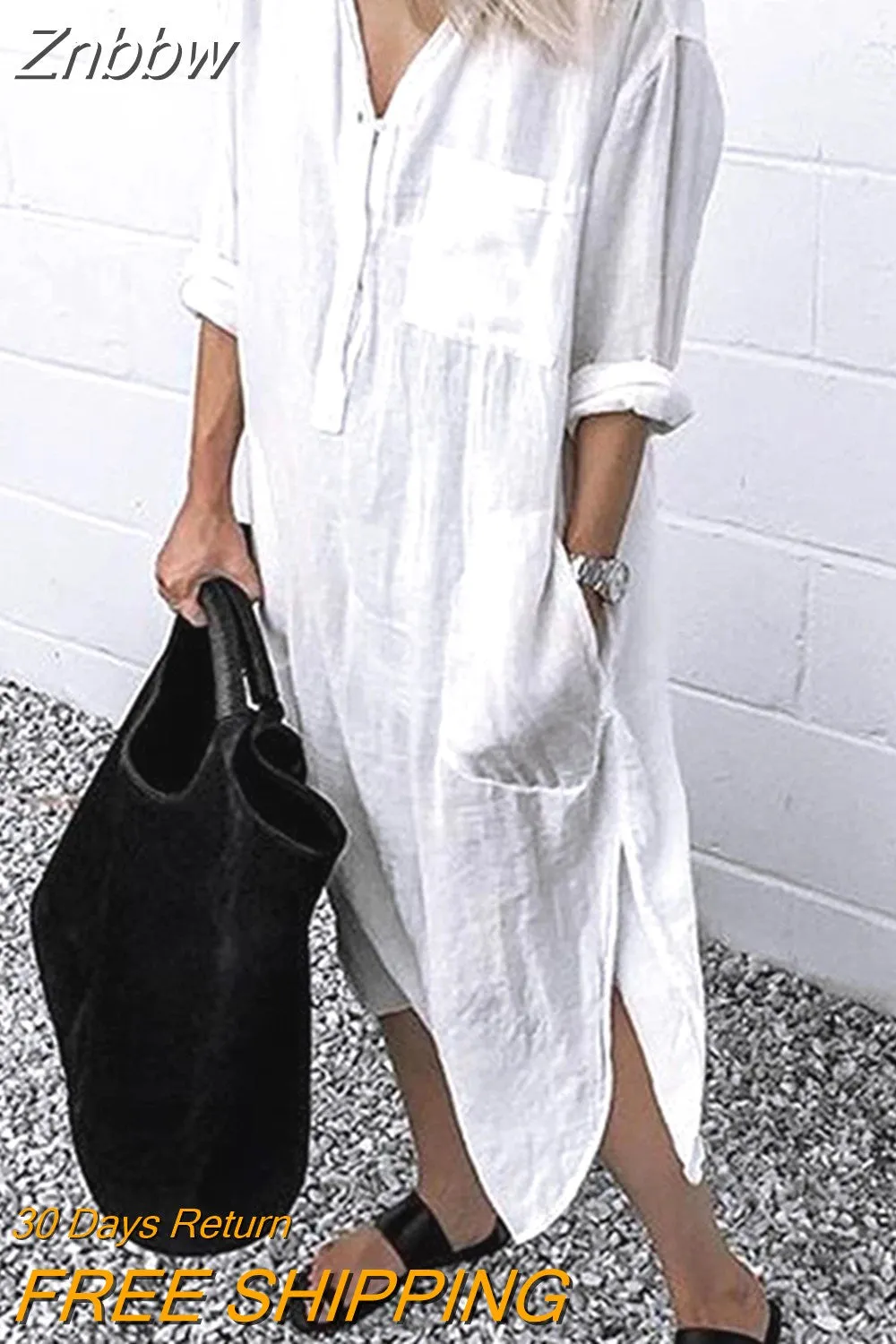 Znbbw Women Lapel Long Sleeve Shirt Dress Summer Solid Color Slit Pocket Button Shirt Female Casual Holiday Beach Party Loose Dresses