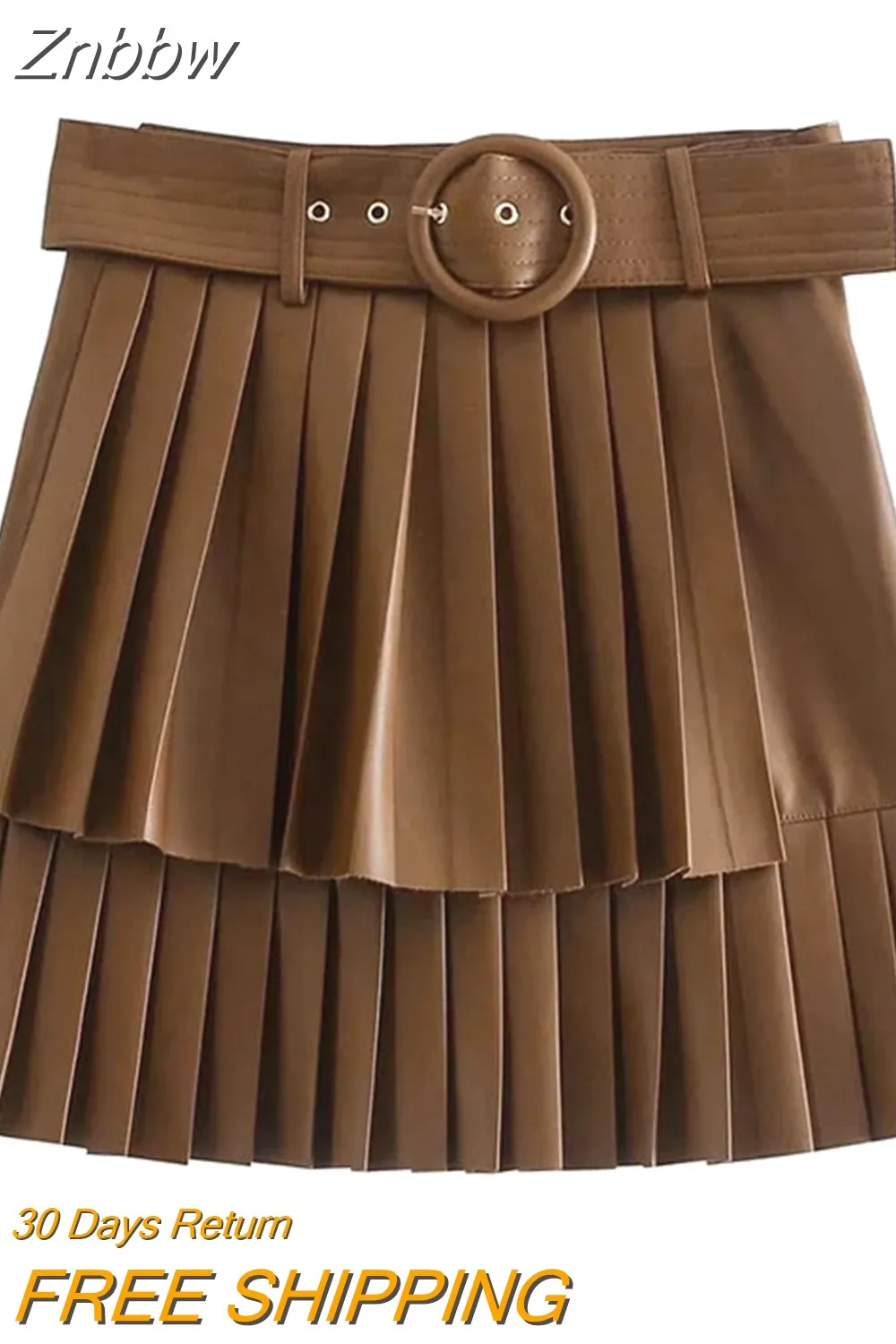 Znbbw ZBZA Women 2023 Pu Leather Mini Skirt with Belt Women High Waist Pleated Skirts womens Casual Streetwear Party 202309 - Image 2