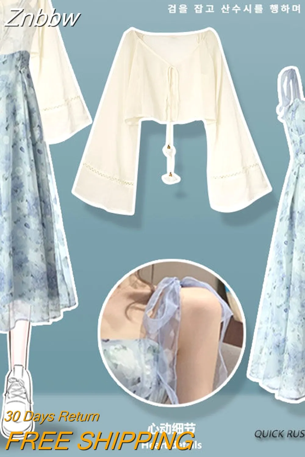 Znbbw Women's Spring Summer Fashion Long Sleeve Top Shirts +Strap Dress Two Piece 2023 Korean Elegant New in Matching Set Femlae Skirt - Image 2