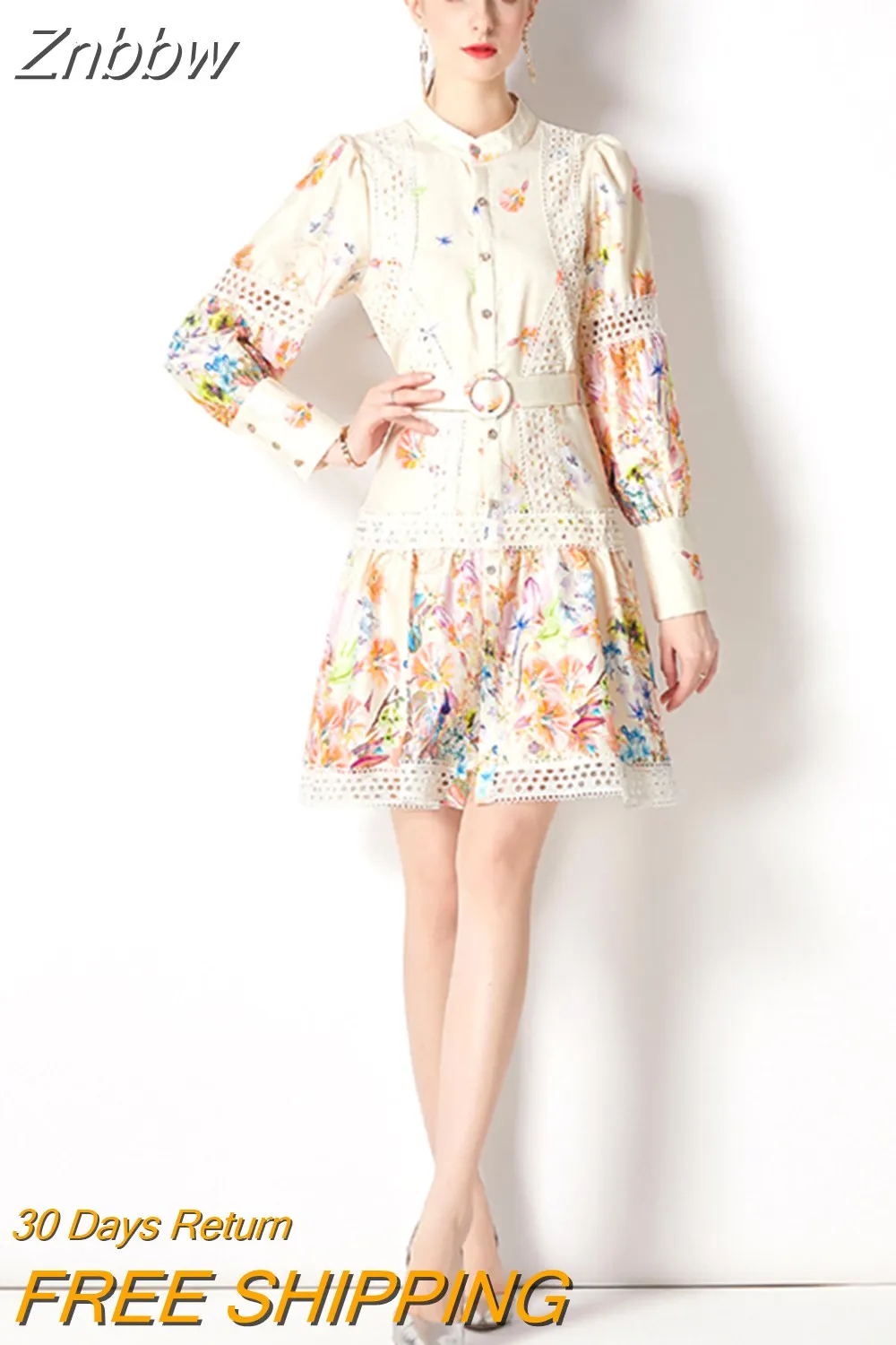 Znbbw Women Single Breasted Mini Dress Lantern Long Sleeves Sashes Boho Vintage Dress Fashion Lady OL Floral Print Lace Robe - Image 3