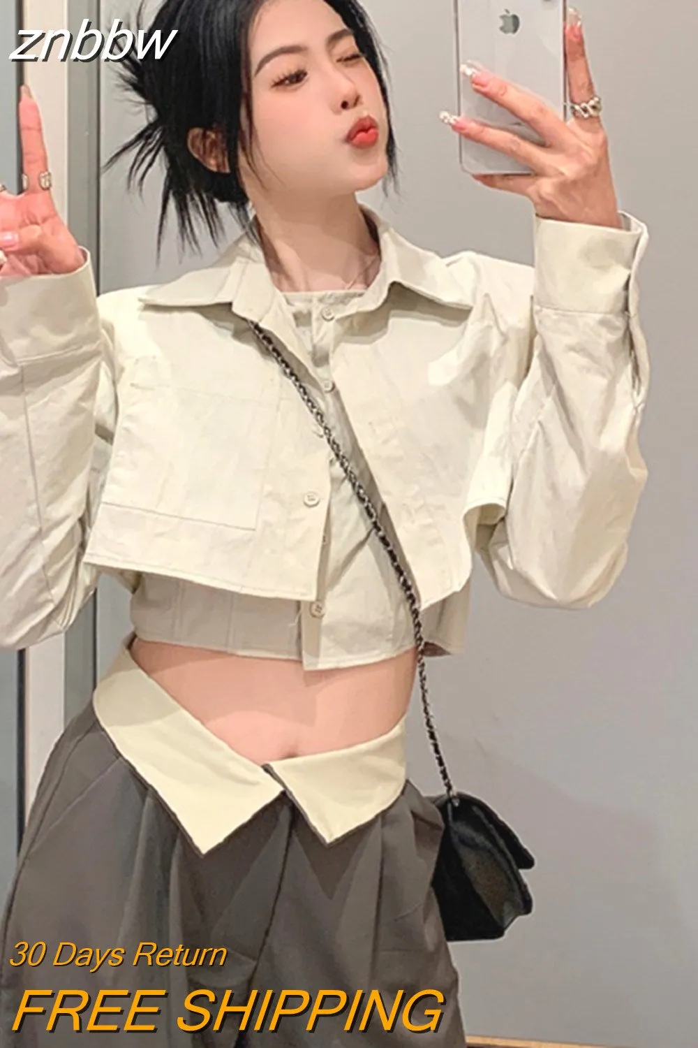 znbbw 2023 Summer Y2K Long Shirt Women Crop Shirt Korea Style Fake two pieces Button Up Woman Blouse Sexy Female Clothing Top - Image 2