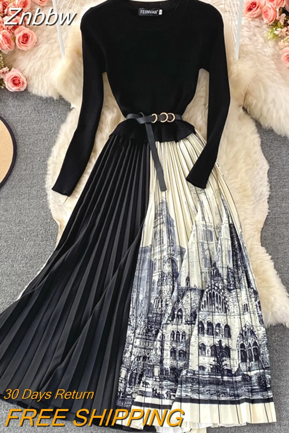 Znbbw Winter Elegant Knitted Patchwork Contrast Color Pleated Dress Women Long Sleeve Office Lady Sweater Dress With Belt - Image 5