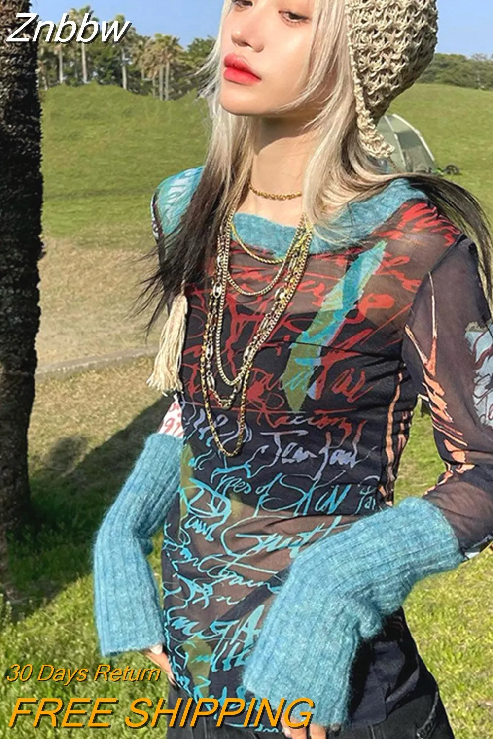 Znbbw Women Long Sleeve Mesh See Through Streetwear T Shirts Tops Tees 2023 Autumn Clothes Wholesale Items For Business - Image 2