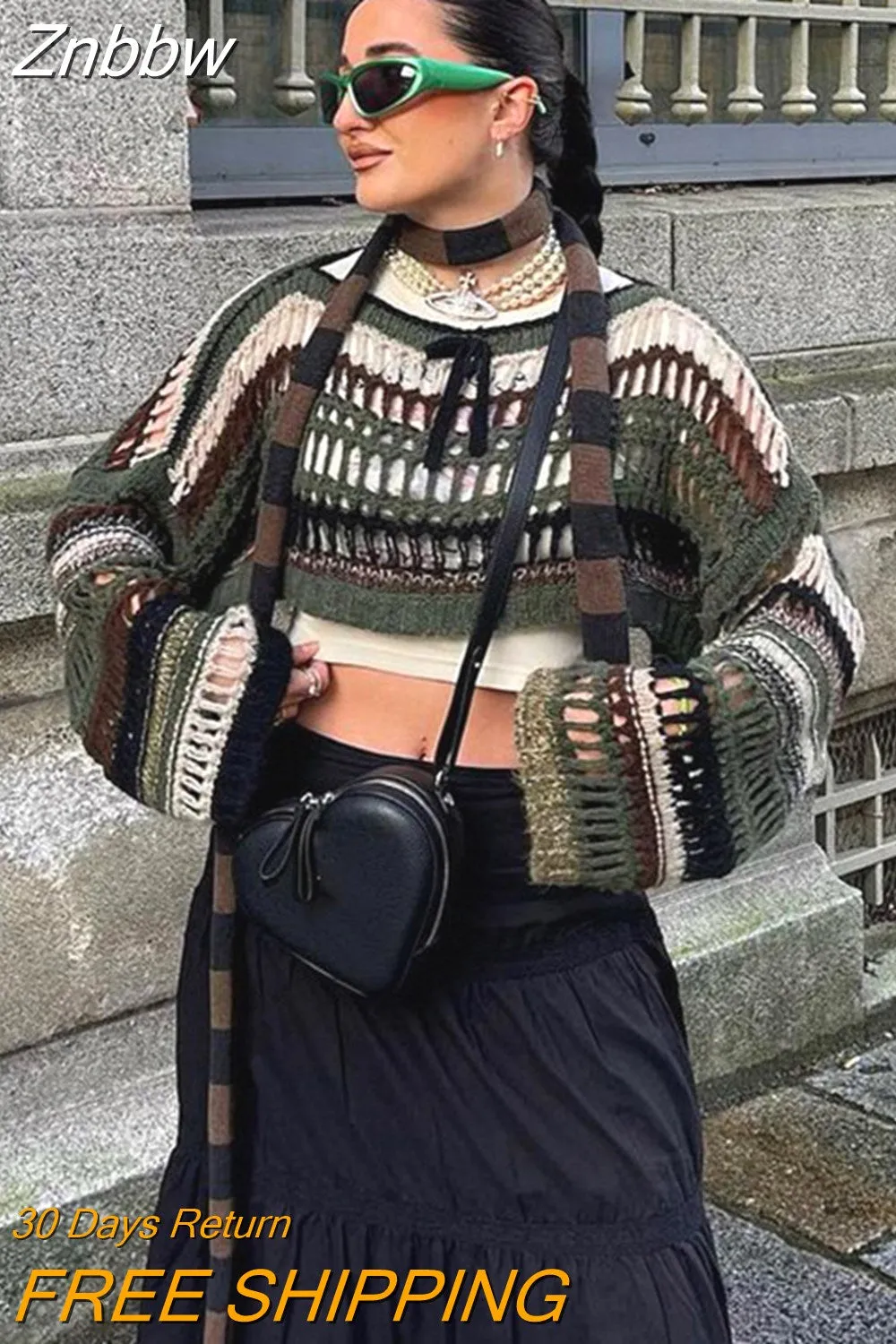 Znbbw Women Y2K Contrast Knitted Cover-Ups Hollow-Out Holes Solid Color Long Sleeve O Neck Perspective Beachwear Tshirt - Image 2