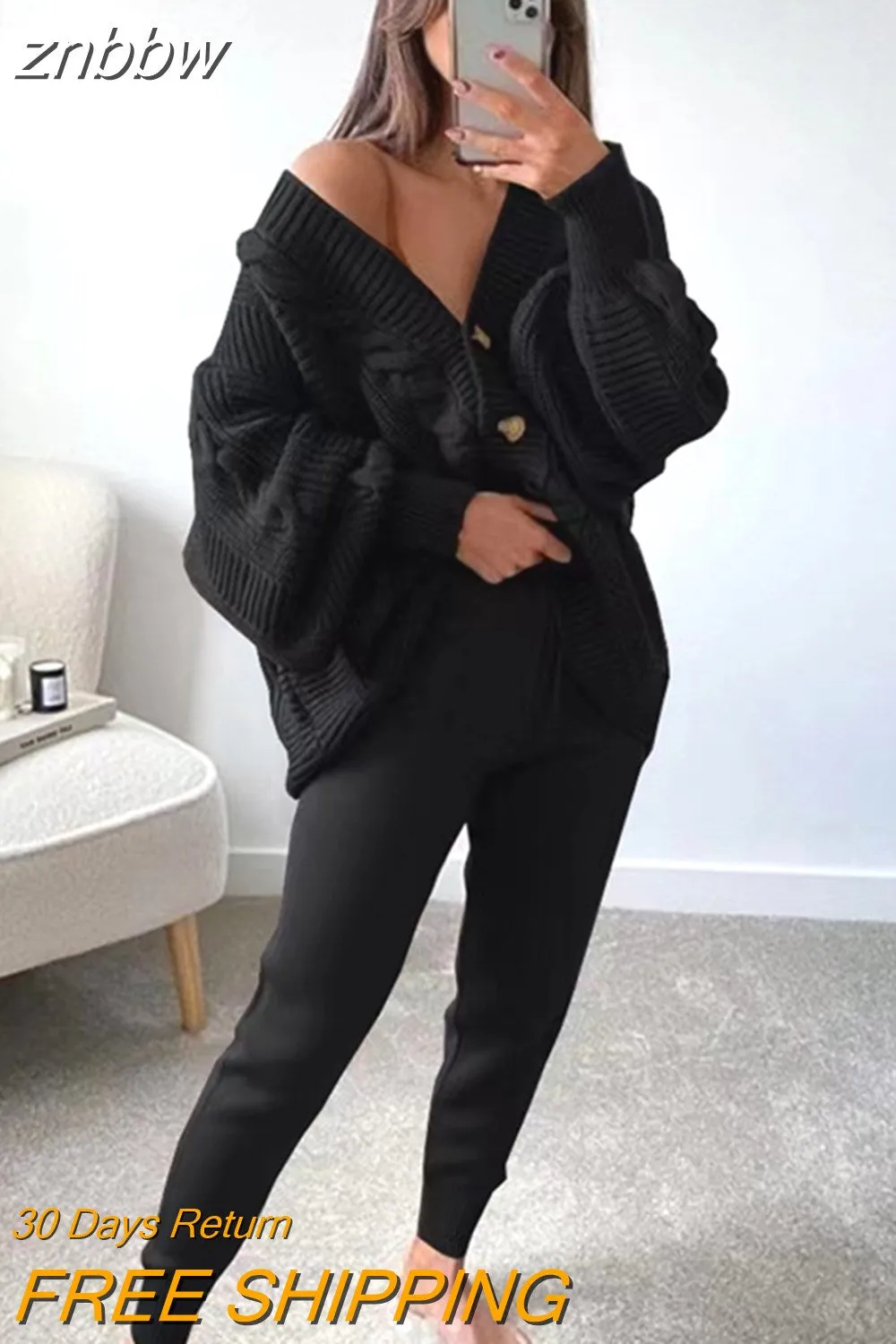 znbbw Women Knitting Two Pieces Sweater Suit Hemp Flower V-Neck Single-Breasted Cardigan + Pants Lady Winter Casual Sweater Set - Image 2