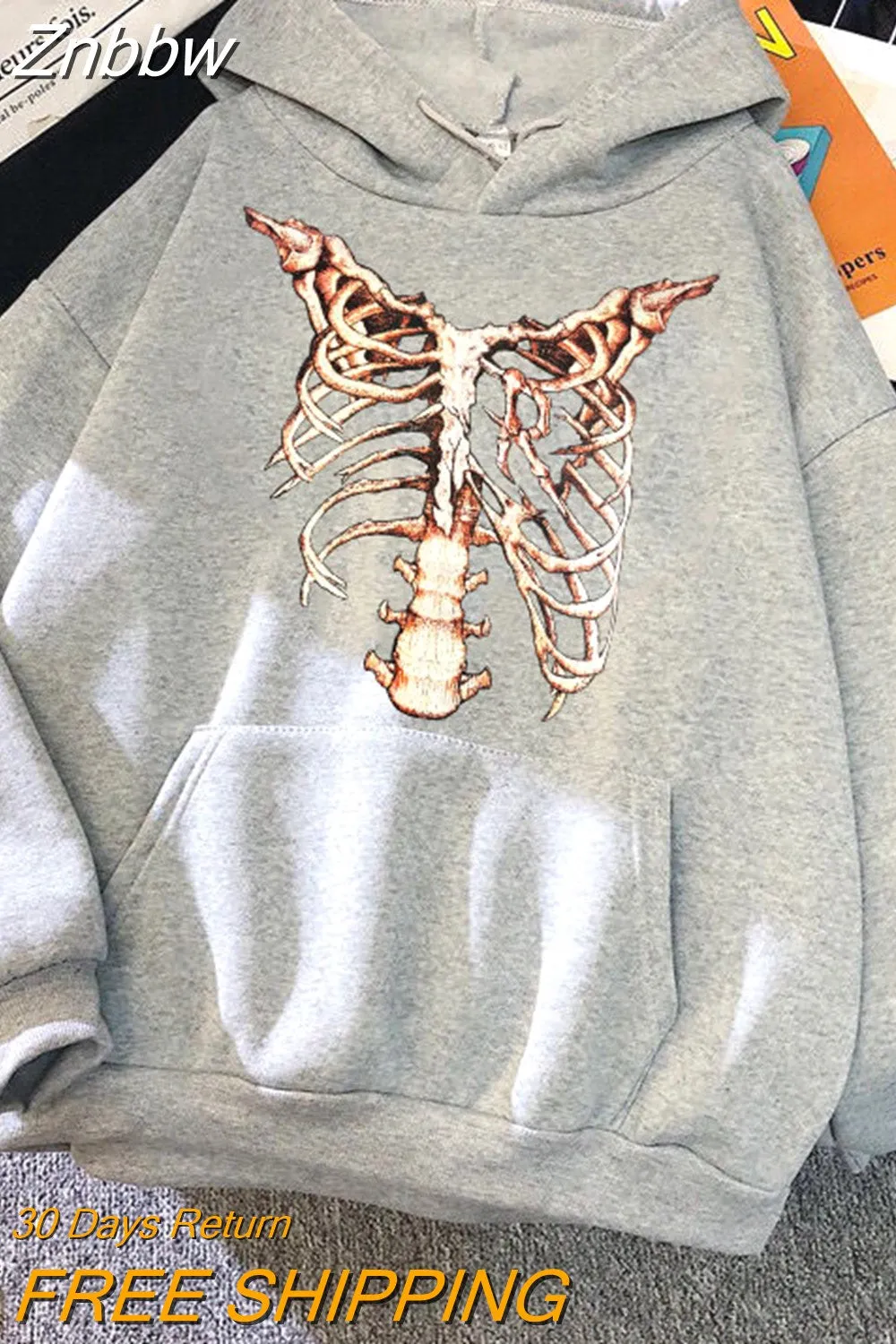 Znbbw Y2K Harajuku Anime Gothic Hoodies Korean Style Loose Skull Print Goth Grunge Long-sleeved Hooded Coat Solid Color Retro - Image 7