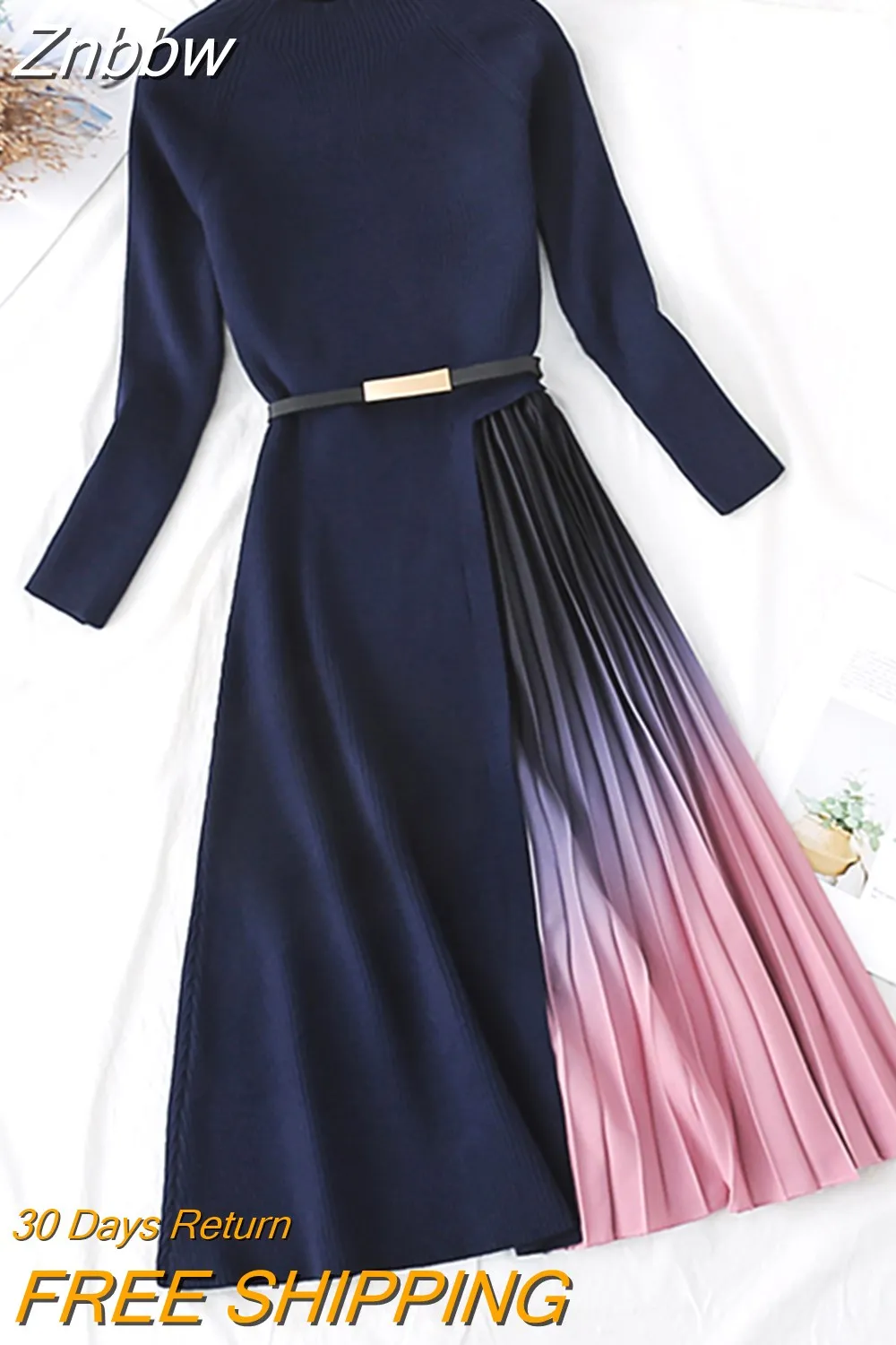 Znbbw Winter Elegant Knitted Patchwork Gradient Print Pleated Dress Women Long Sleeve Office One-Piece Sweater Dress With Belt - Image 5