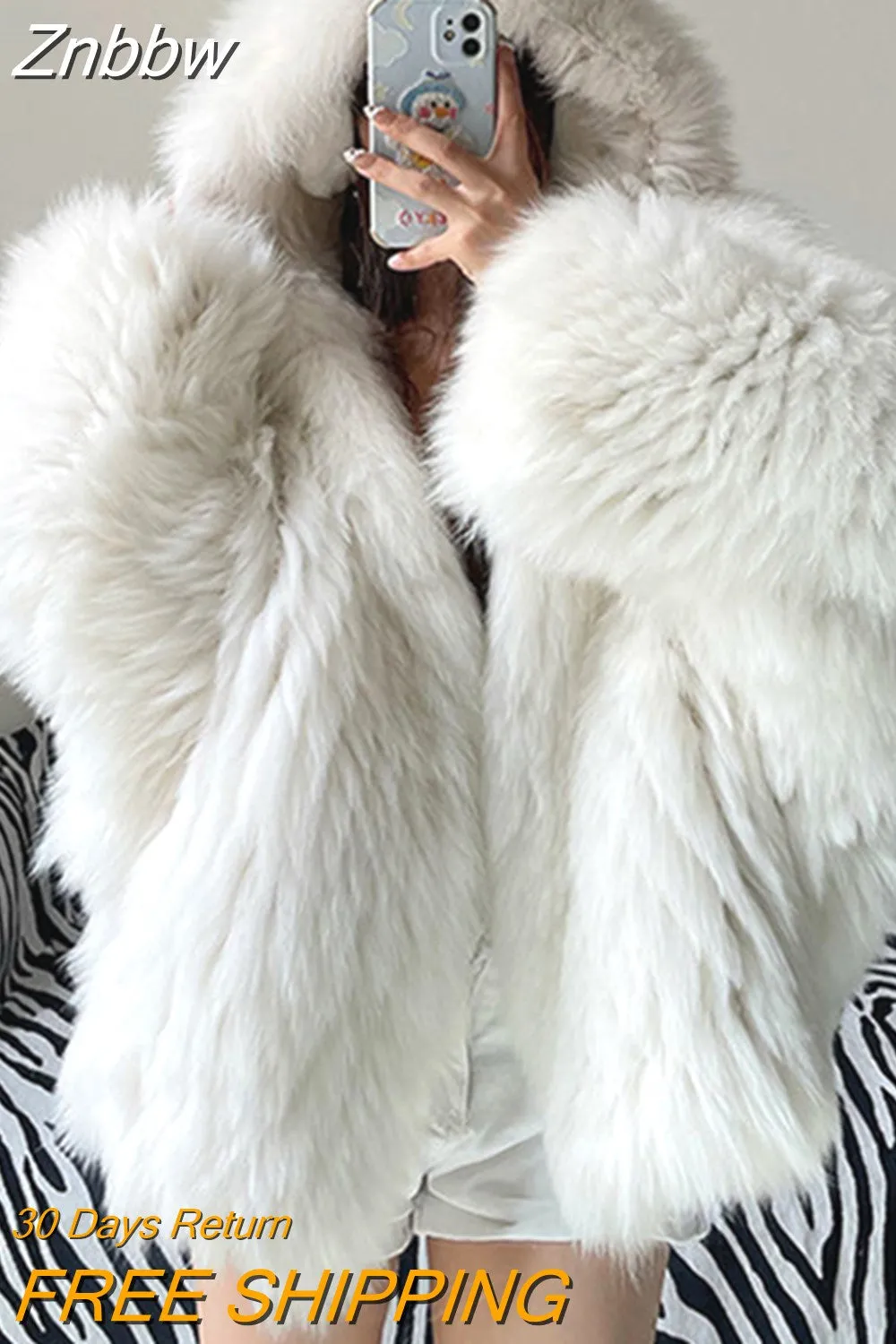 Znbbw Women Winter Loose Hooded Bat Full Sleeve Casual Faux Fur Jacket Lady Slim Thick Warm Soft Outwear 2023 New Fashion Overwear - Image 7