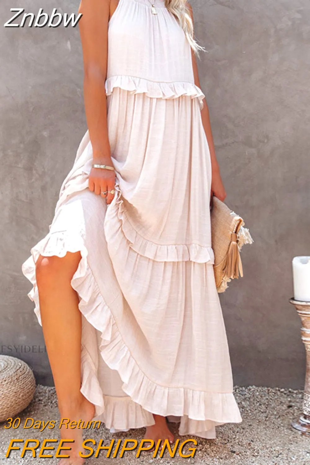 Znbbw Women Solid Vintage Long Dress Summer Boho Elegant Halter Sleeveless Ruffle Layered Dress Female Casual Beach Party Maxi Dress - Image 4
