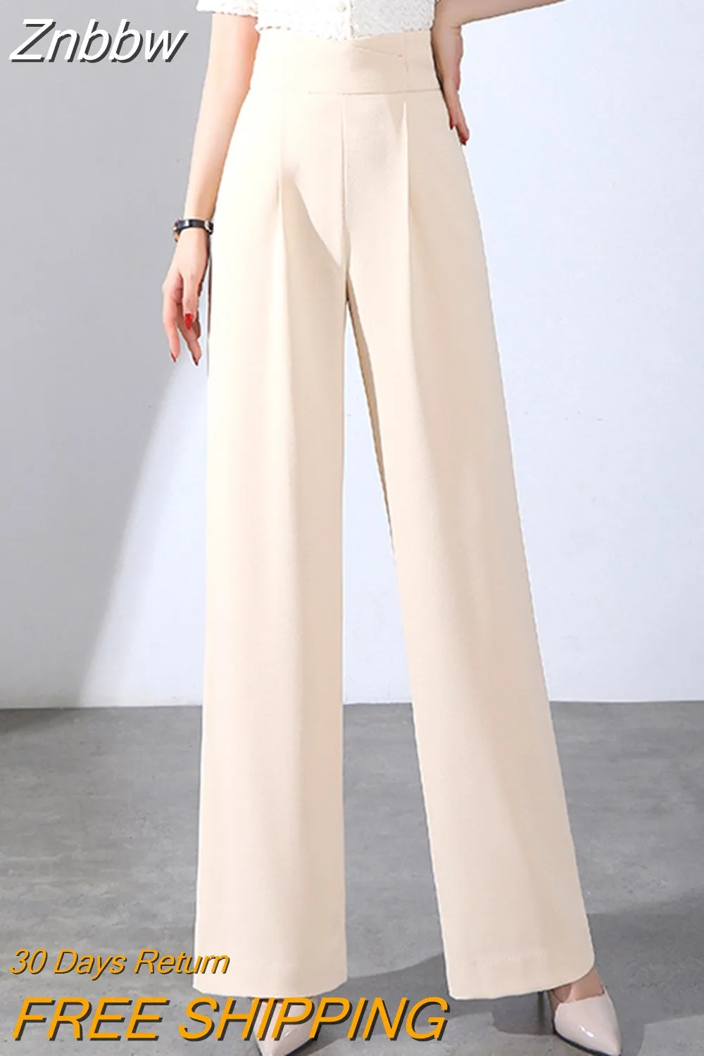 Znbbw 2023 Fashion Women Pants Apricot Black Drape Straight Trousers Female Casual Elastic Waist Wide Leg Pants Office Pants - Image 2