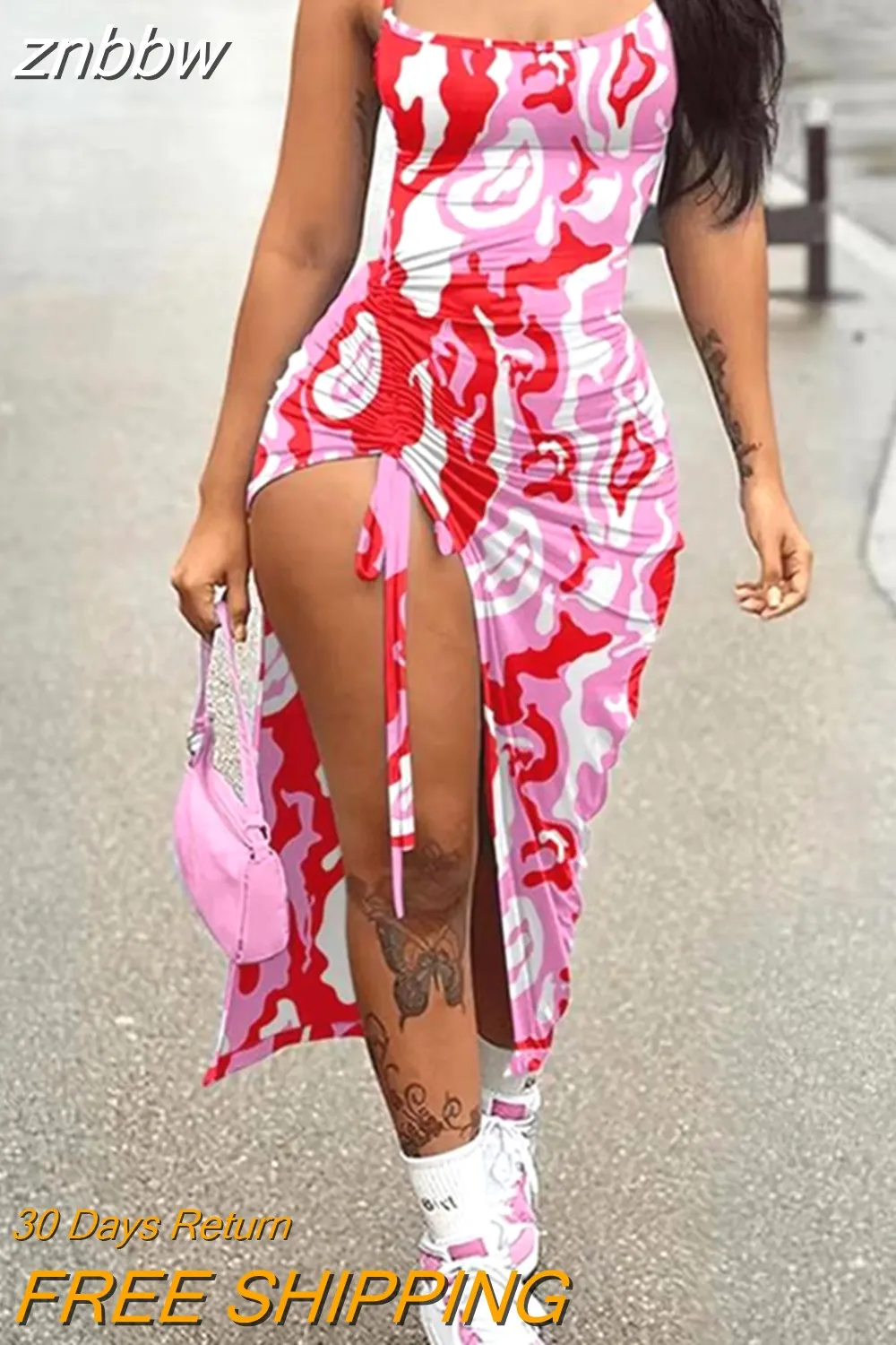 znbbw Red Printing Cami Long Dress Night Club Outfit For Women 2023 Summer Pink Bodycon Pleated Backless Split Maxi Dress 912