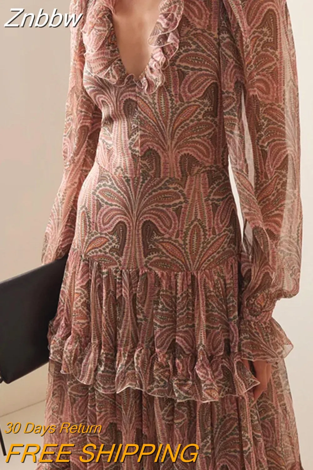 Znbbw Autumn Casual Bohemia Dresses Elegant V-neck Ruffled High Waist Evening Dress Women Fashion Printed Mesh Pleated Long Dress - Image 2