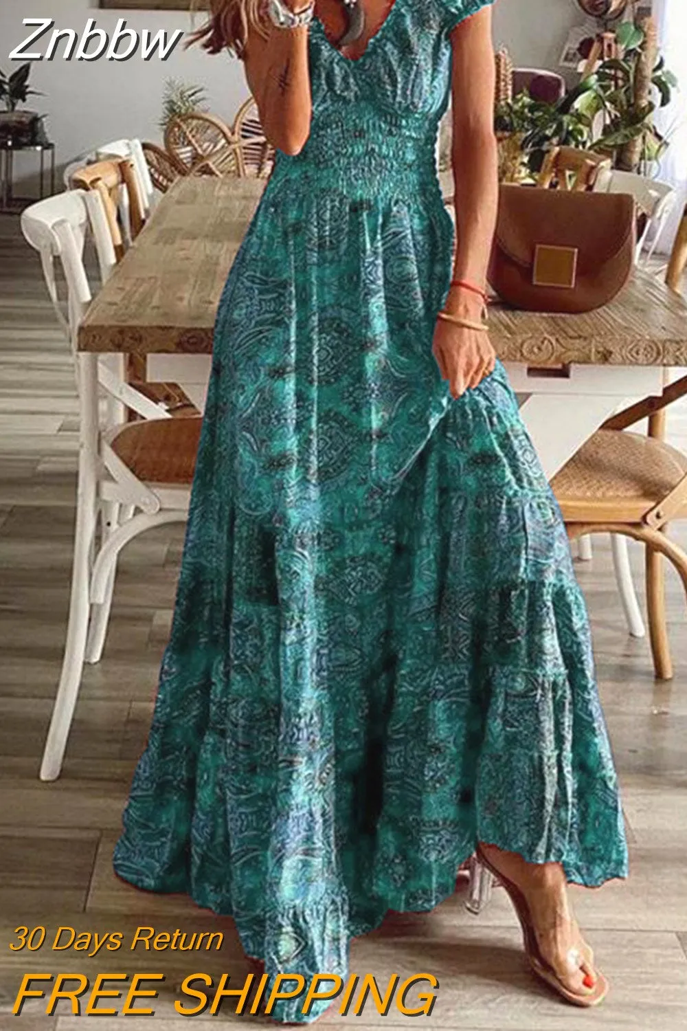 Znbbw Women Floral Print Elegant Dress Summer Casual V-neck Pleated Vintage Bohemian Long Dresses Female Big Swing Holiday Maxi Dress