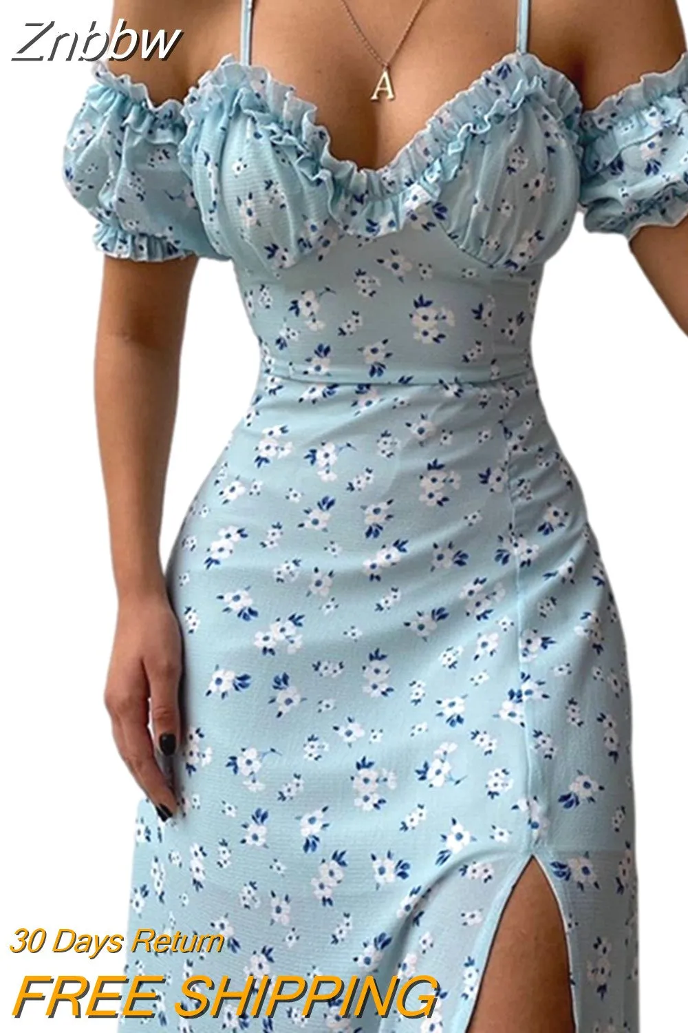 Znbbw New Summer Elegant Casual Floral Print Off Shoulder Split Dress Women Short Sleeve Slim Midi Dress for Club Party Holiday - Image 8