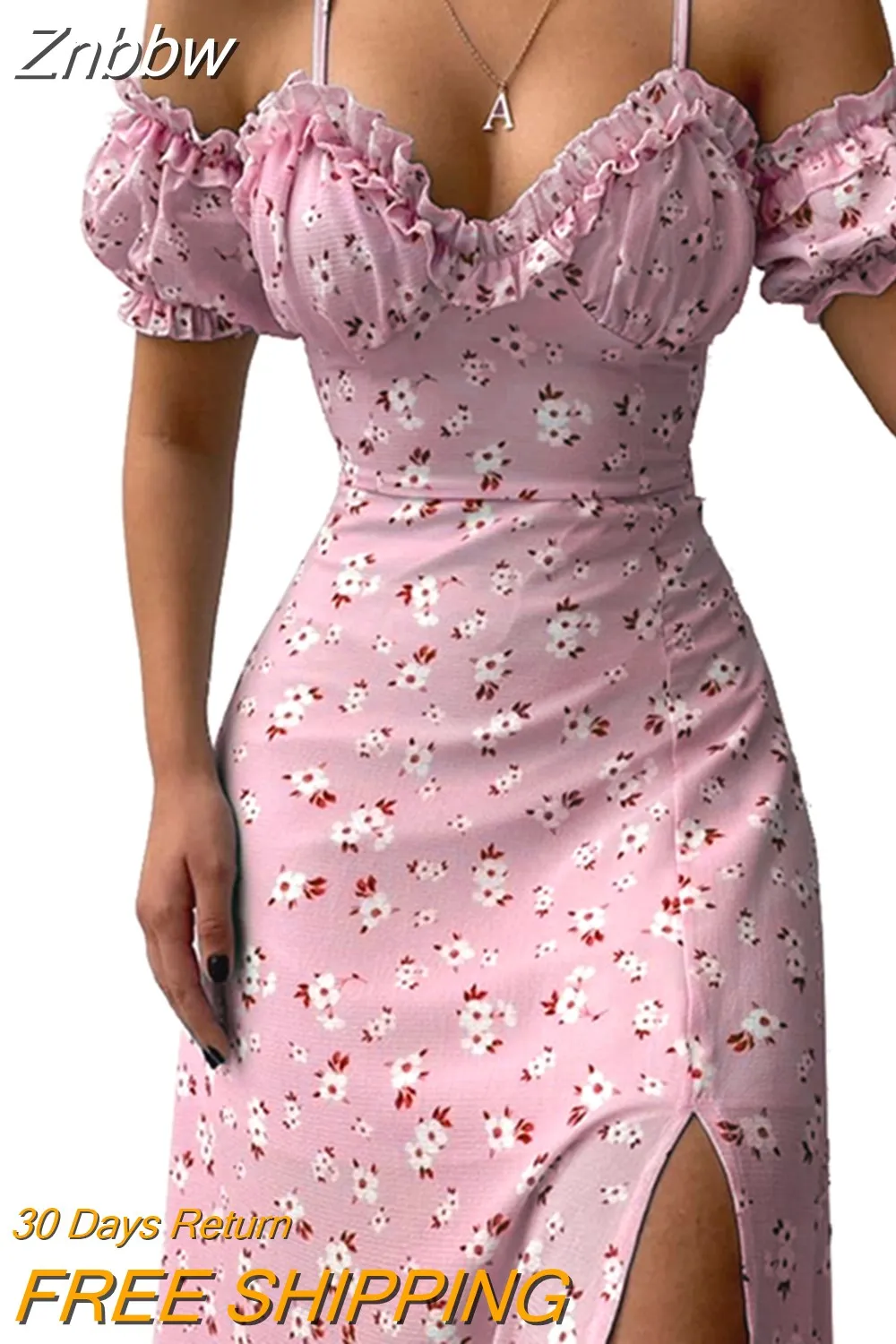 Znbbw New Summer Elegant Casual Floral Print Off Shoulder Split Dress Women Short Sleeve Slim Midi Dress for Club Party Holiday - Image 5