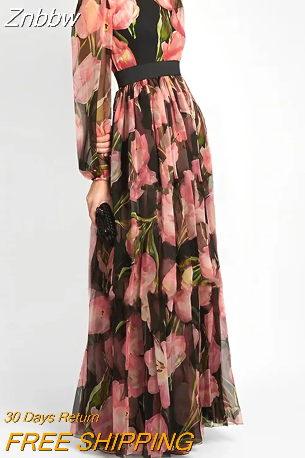 Znbbw Women's O-Neck Pleated Robe Dress Casual Autumn Long Sleeve Bohemian Dresses Red Flower Print High Waist Banquet Dress - Image 2