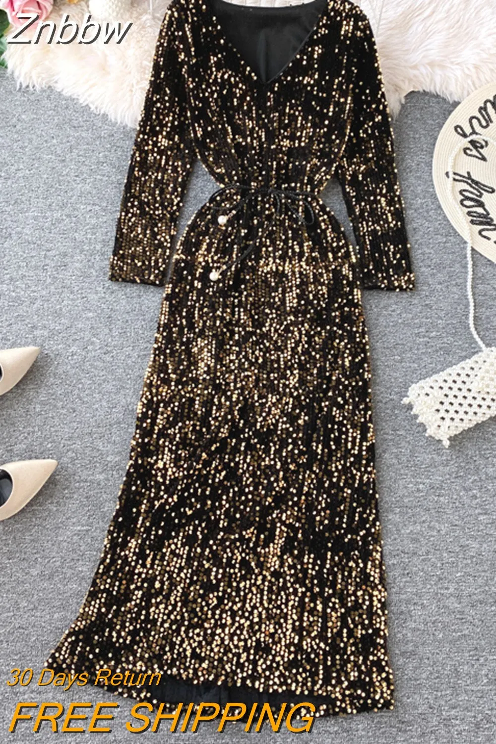 Znbbw Women's Party Dress Long-sleeved Dress New Sequin Temperament Banquet Host Elegant V-neck Waist Lacing Dress Sexy Dress Y454 - Image 7