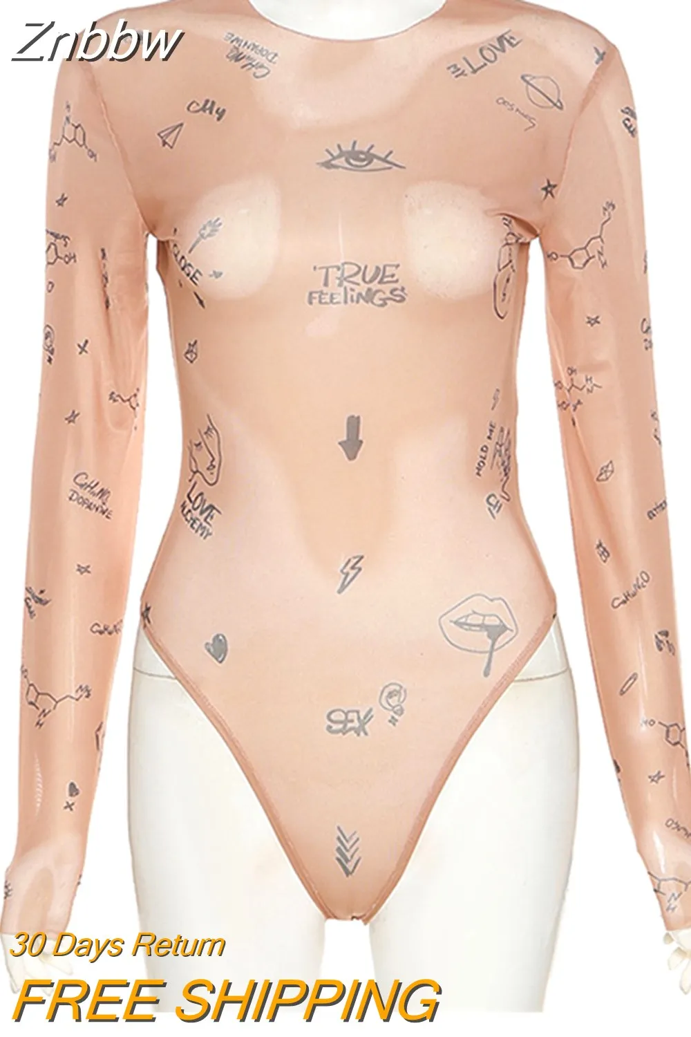 Znbbw tight-fitting one-piece Top Women Long-Sleeved Bodysuits O-Neck Basic Party Wear Print Summer Wild Slim Bodysuits - Image 4