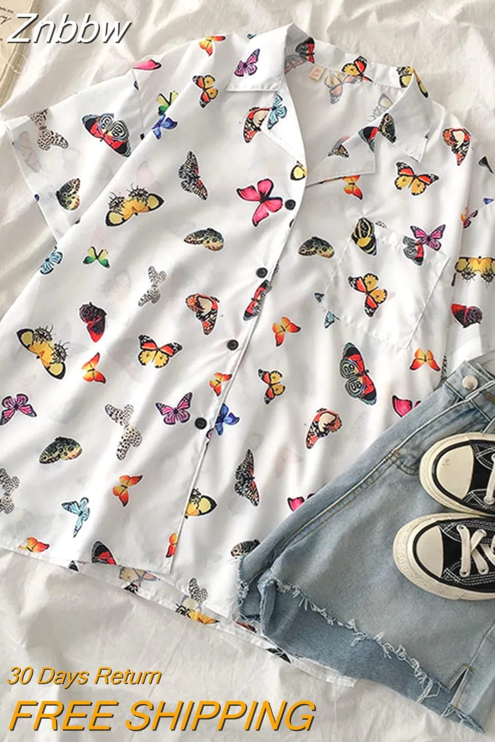 Znbbw Women White Blouse Butterfly Print Shirt Ins Loose Wild Summer 2023 New Ladies Korean Short Sleeve Shirt Fashion Tops