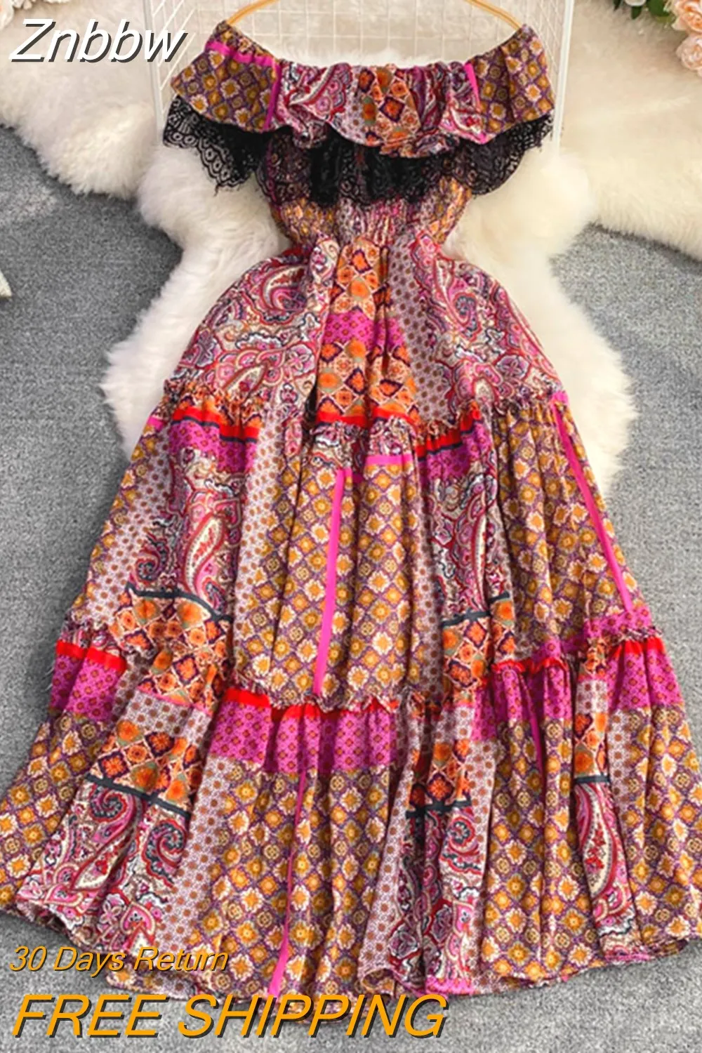 Znbbw Women Summer Dress Off Shoulder Open Shoulder Lotus Leaf Edge Close Waist Slim Print A-line  Big Hem Long Dress D2803 - Image 6