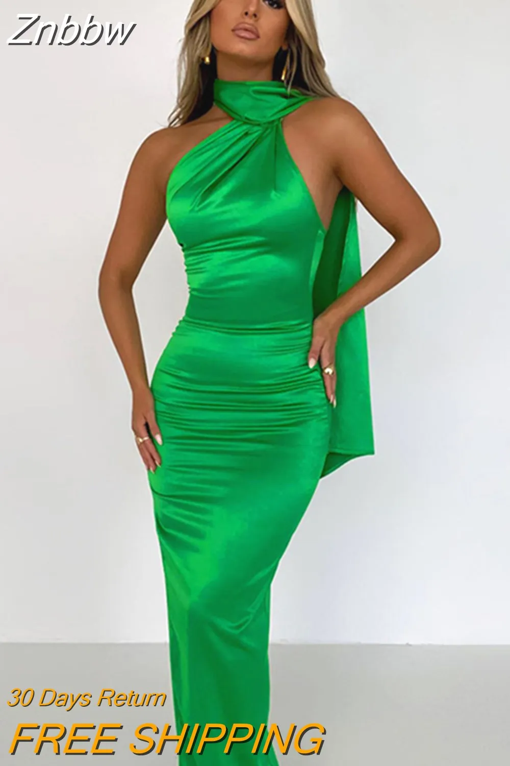 Znbbw Elegant Satin Backless Maxi Dress Women Gown Summer Halter Sleeveless Backless Bodycon Long Club Party Dress Vestido