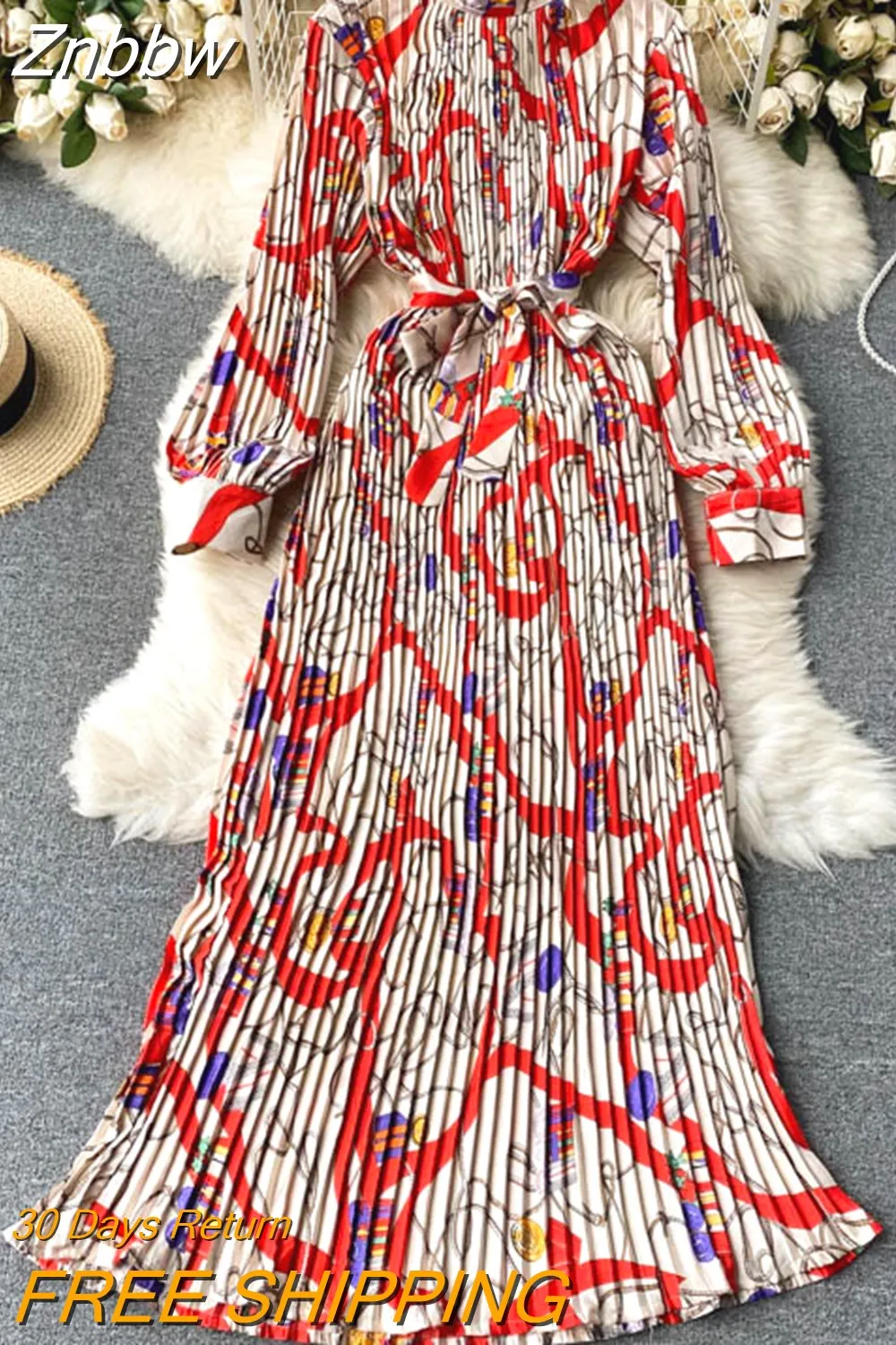 Znbbw Spring Autumn New Dress Temperament Turtleneck Waist Slim Long Sleeves Lace Up Wild Floral Maxi Vestidos Female UK016 - Image 4