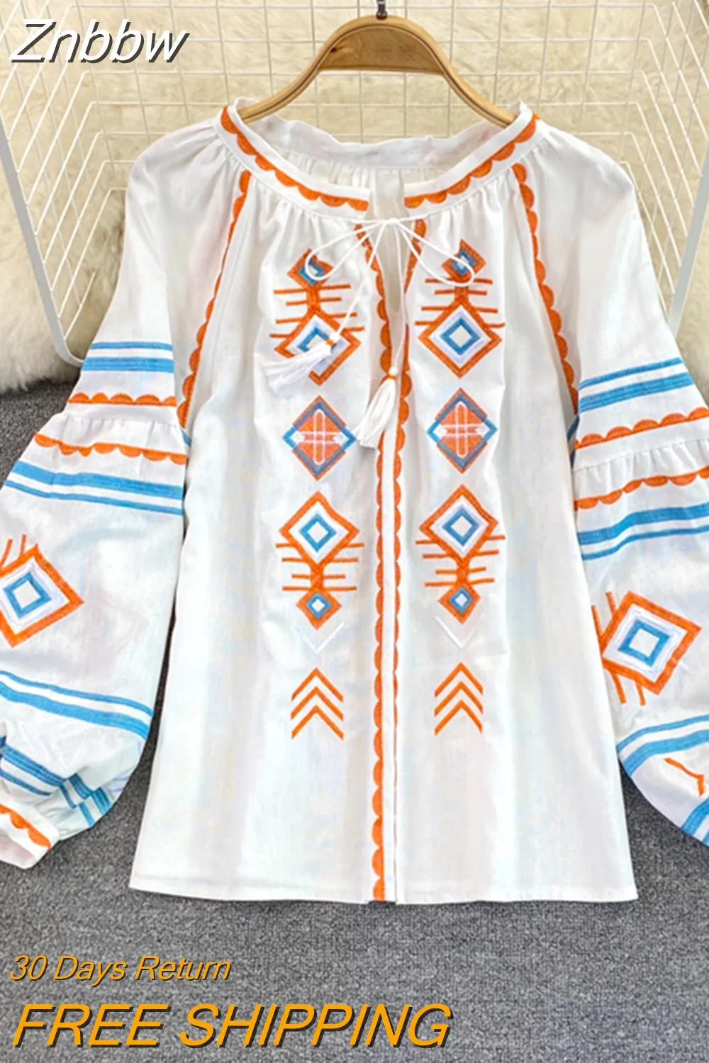 Znbbw Women Spring Autumn Blous Retro Loose Ethnic Style Embroidery Thin Lantern Sleeve Doll Top Female Pullover Shirt D3061 - Image 4