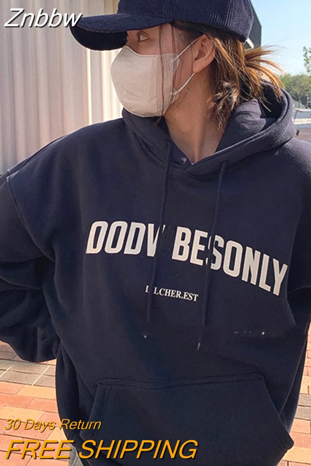 Znbbw Women Vintage Sweatshirt Letter Printing Oversized Grey Autumn Winter Hoodies Y2K Cothes Female Fleece Hoodie Tops Pullover - Image 6