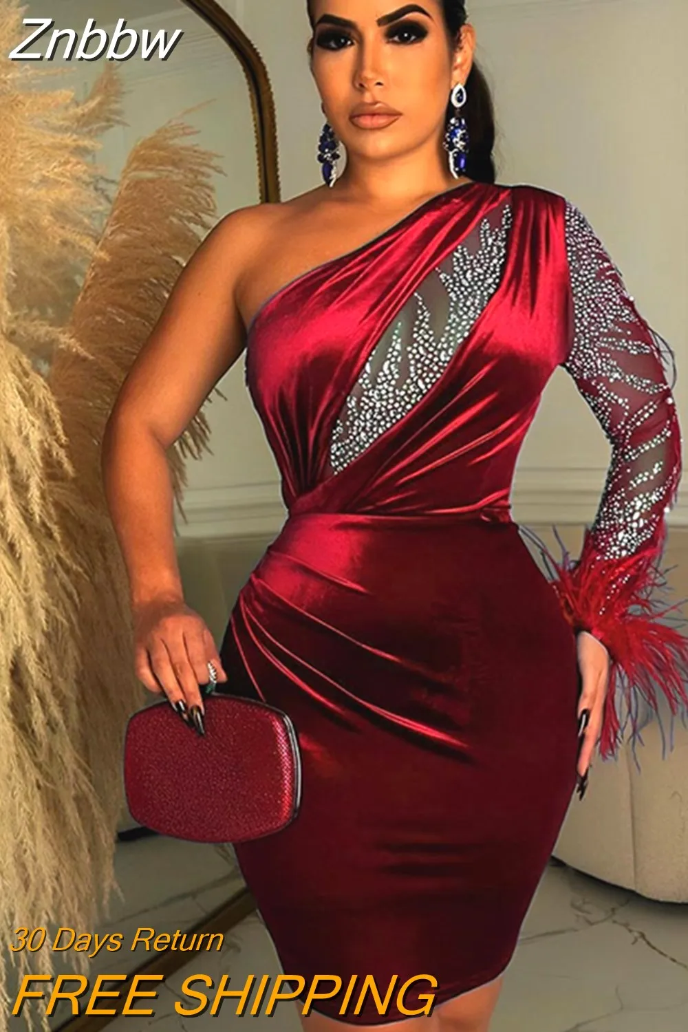 Znbbw Women Velvet Sexy Feather One Shoulder Mini Dress 2023 Long Sleeve Backless Elegant Gown Female Rhinestone Evening Dresses - Image 3