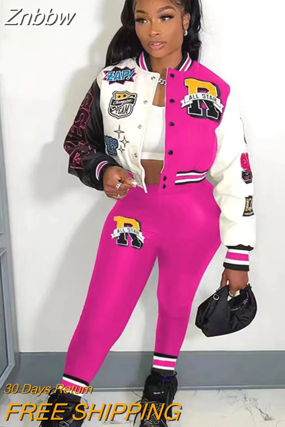Znbbw Letter Casual Two Piece Set For Women Single Breasted Baseball Jogging Suits Full Sleeve Short Jacket Trousers Suit - Image 11
