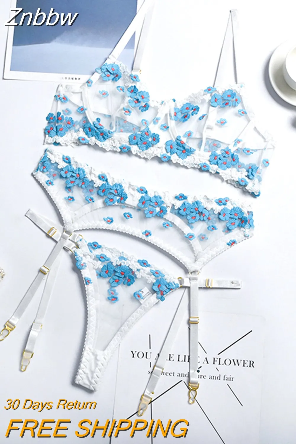 Znbbw Applique Women's Underwear Lingerie Set Sexy Underwear Set Bra with Bones 3 Piece Set Transparent Exotic Lingerie Sexy - Image 2