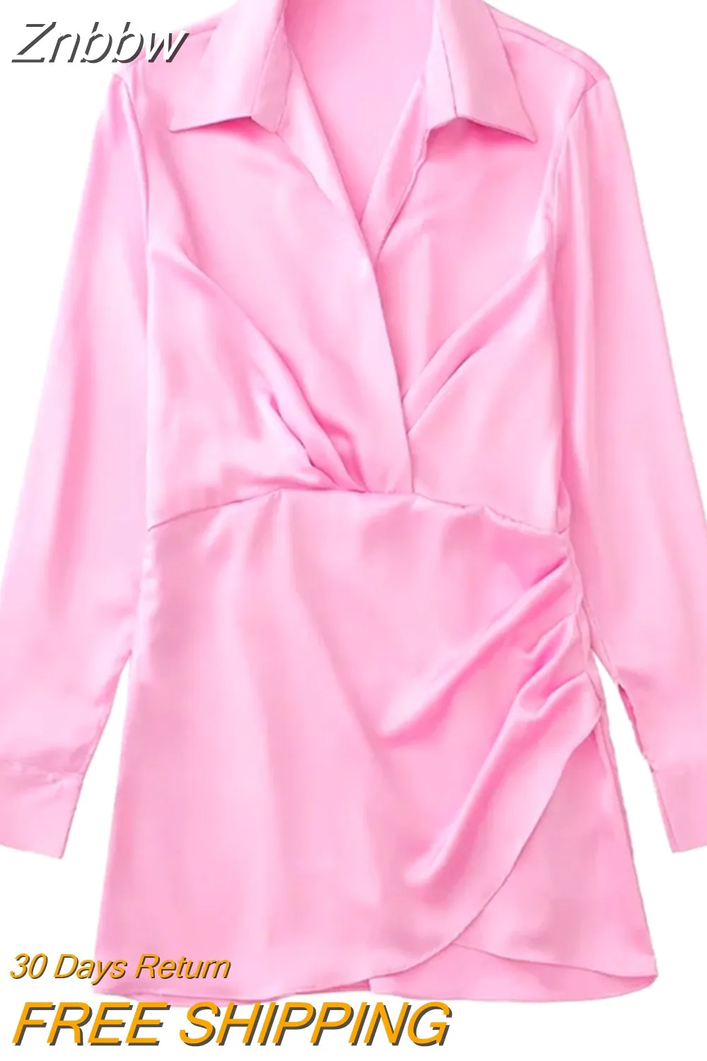 Znbbw 2023 Women Fashion Pleated Soft Touch Wrap Mini Dress Vintage Long Sleeve Side Buttons Female Dresses Vestidos 202304 - Image 2