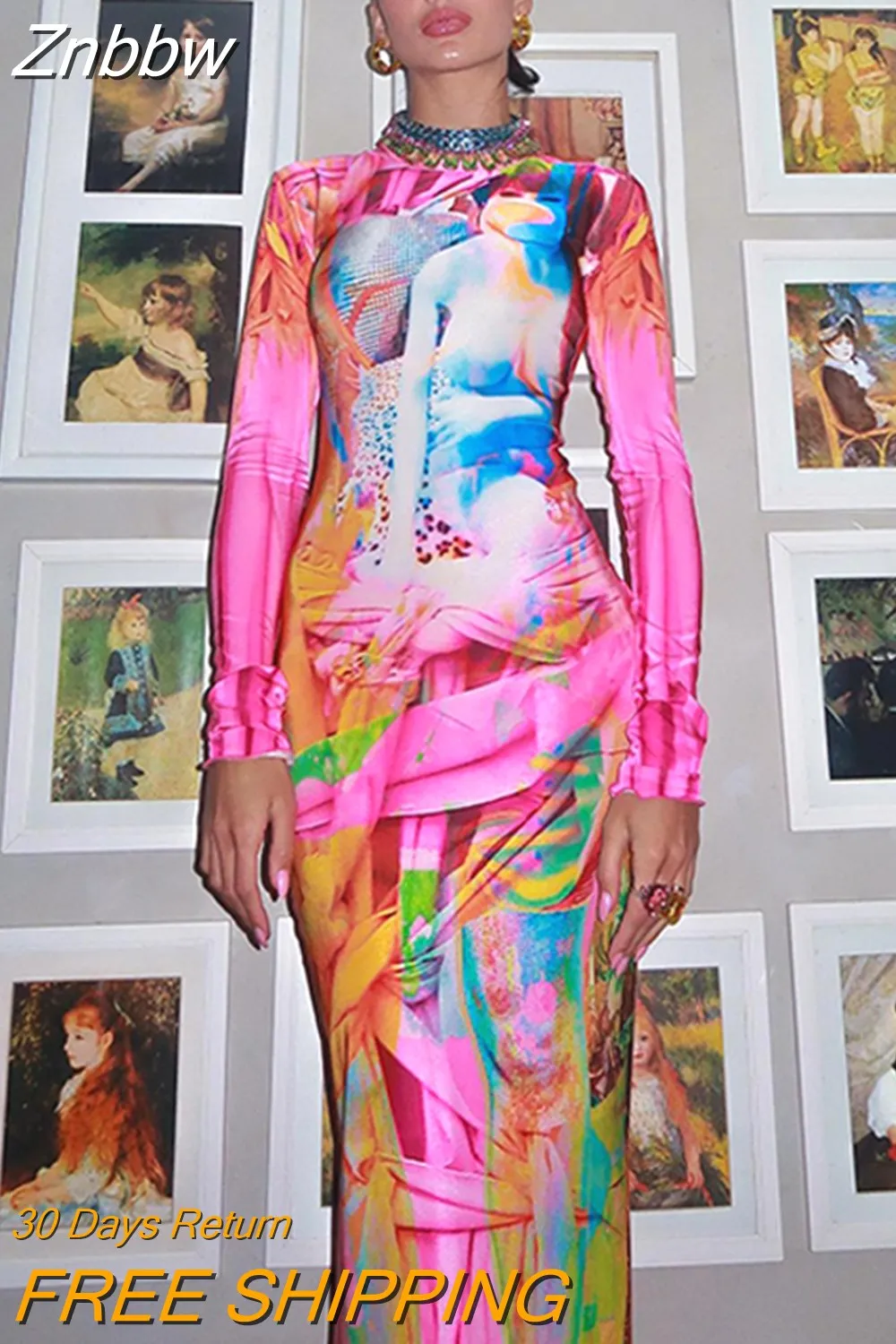 Znbbw Women Fashion Long Sleeve Bodycon Printed Streetwear Long Dress 2023 Fall Clothing Wholesale Items For Business - Image 4