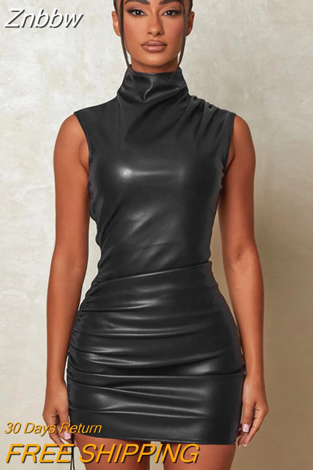 Znbbw Women Party Club Pu Leather Bodycon Streetwear Short Mini Dress 2023 Summer Fall Clothing Wholesale Items For Business - Image 2