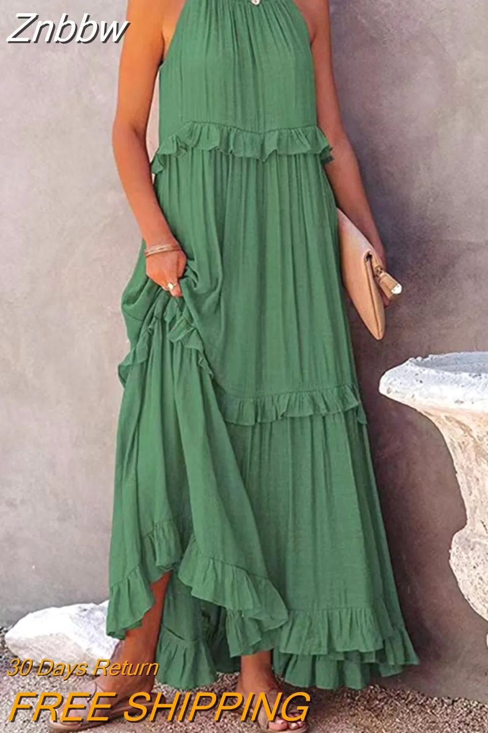 Znbbw Women Solid Vintage Long Dress Summer Boho Elegant Halter Sleeveless Ruffle Layered Dress Female Casual Beach Party Maxi Dress