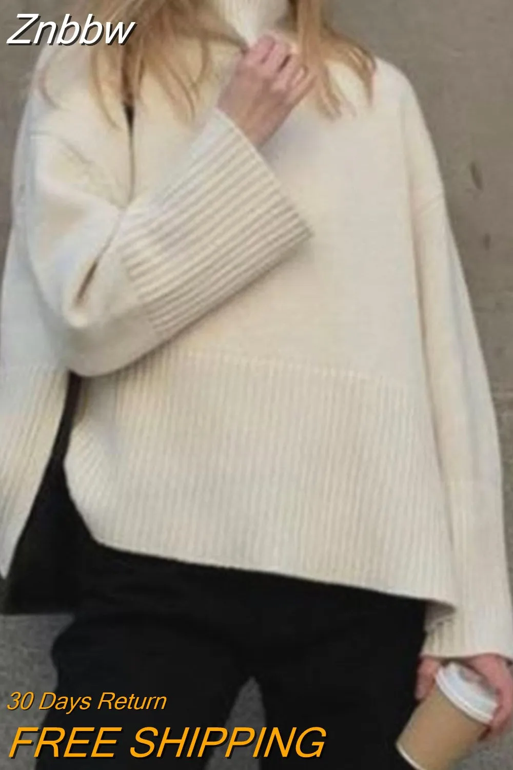 Znbbw Women Turtleneck Sweaters Striped Split Autumn Winter Long Flare Sleeve Knitted Pullover Oversized Y2K Female Knitwear Top - Image 4