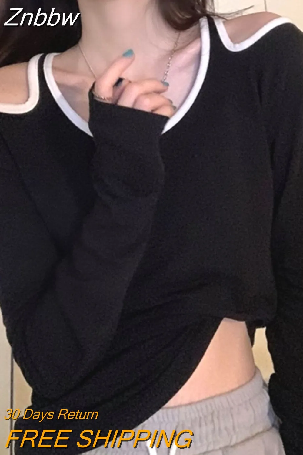 Znbbw Y2K Harajuku T Shirts Women Sexy Long Sleeve Slim Tee Summer Off Shoulder Hollow Out O-neck Tops Gothic Streetwear Kpop