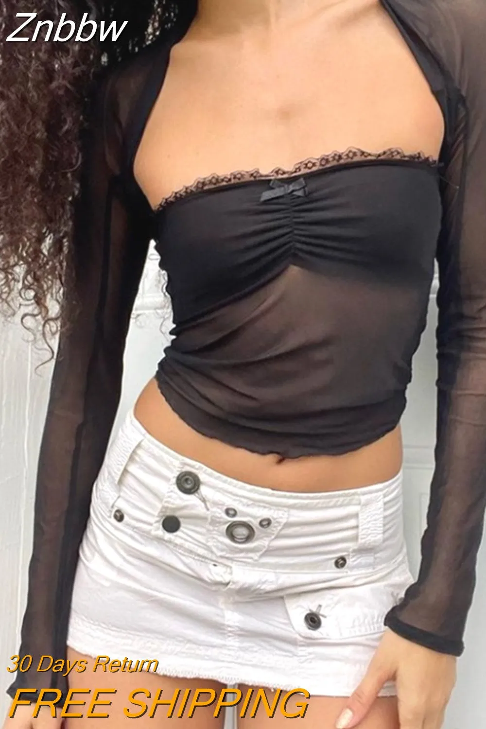 Znbbw Women Y2K Clothes Sexy Pleated Ruched Crop Top Long Sleeve Mesh Bolero Set Slim Fit Vintage Harajuku Tees 2000s Streetwear - Image 3