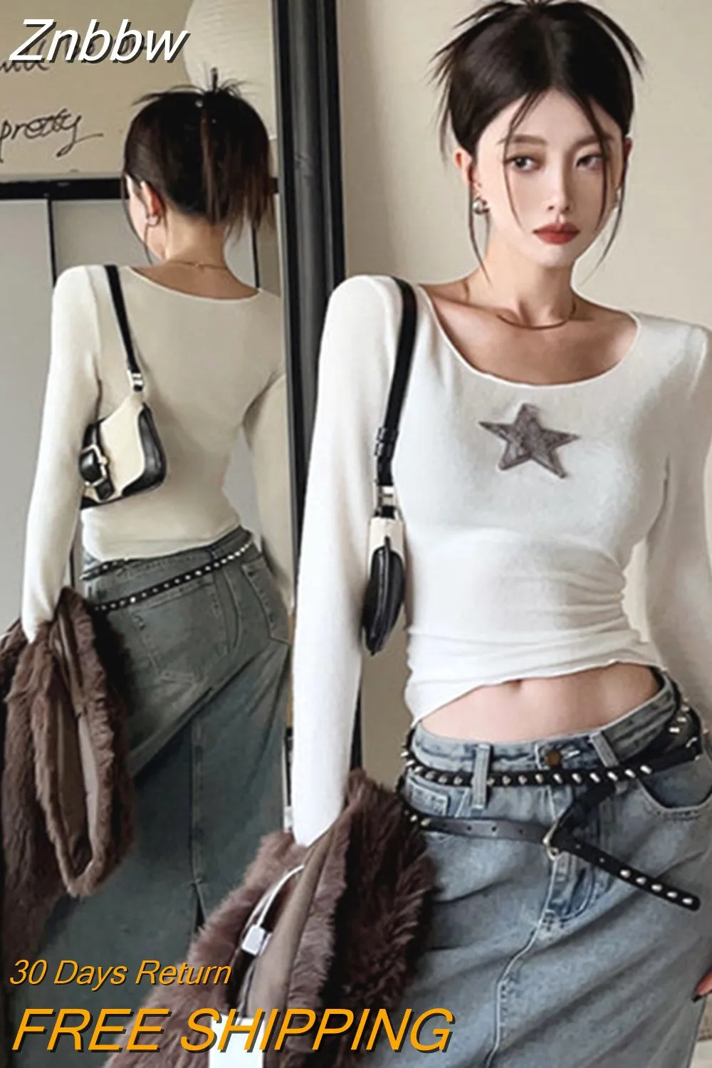 Znbbw Y2K American Retro Star T Shirts Women Harajuku Grunge Slim Basic Crop Tops Vintage Casual Long Sleeve Tees Aesthetic