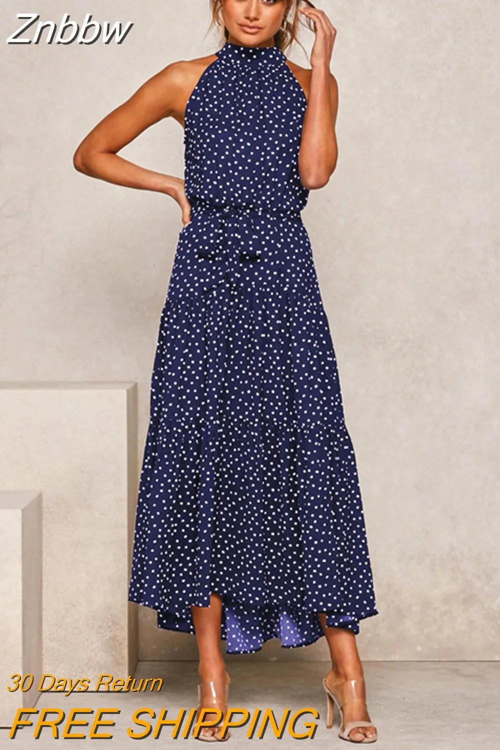 Znbbw Women Polka Dot Long Dress 2023 Summer Sexy Halter Strapless Casual Sleeveless Sundress Female Vacation Elegant Maxi Dresses - Image 6