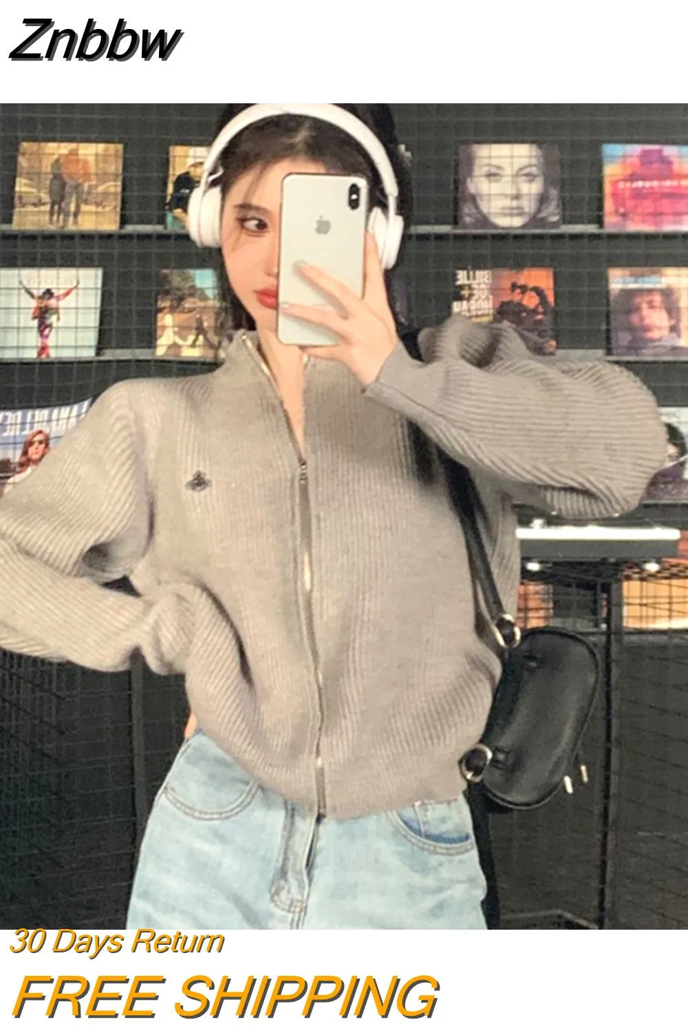 Znbbw Y2K Vintage Gray Cropped Cardigan Women Harajuku Kpop Zip Up Oversized Sweater Streetwear Knitwear Jumper Jackets 2000s