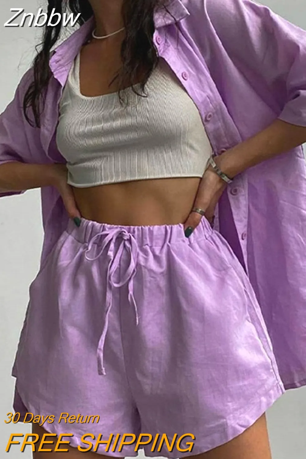 Znbbw Women Tracksuits Shirt Shorts Two Piece Sets Long Sleeve Blouse And Mini Shorts Suits Summer Casual Fashion Loose Female Outfits - Image 10