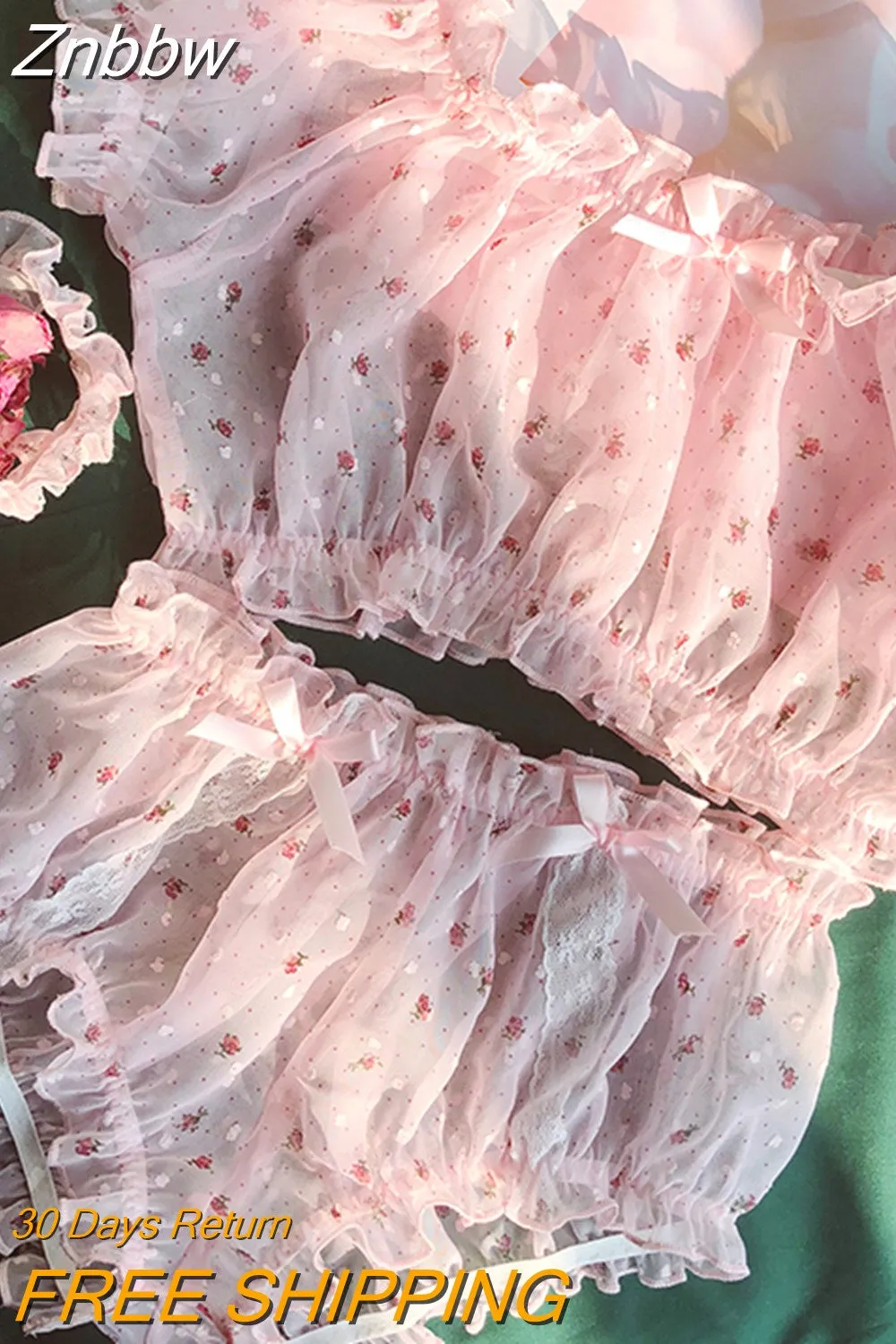 Znbbw Women Sheer Stars Ultra-thin Gauze Ruffles Off Shoulder Sleeve Tops Shorts Leg Ring Underwear Set Temptation Sexy Pajamas - Image 8