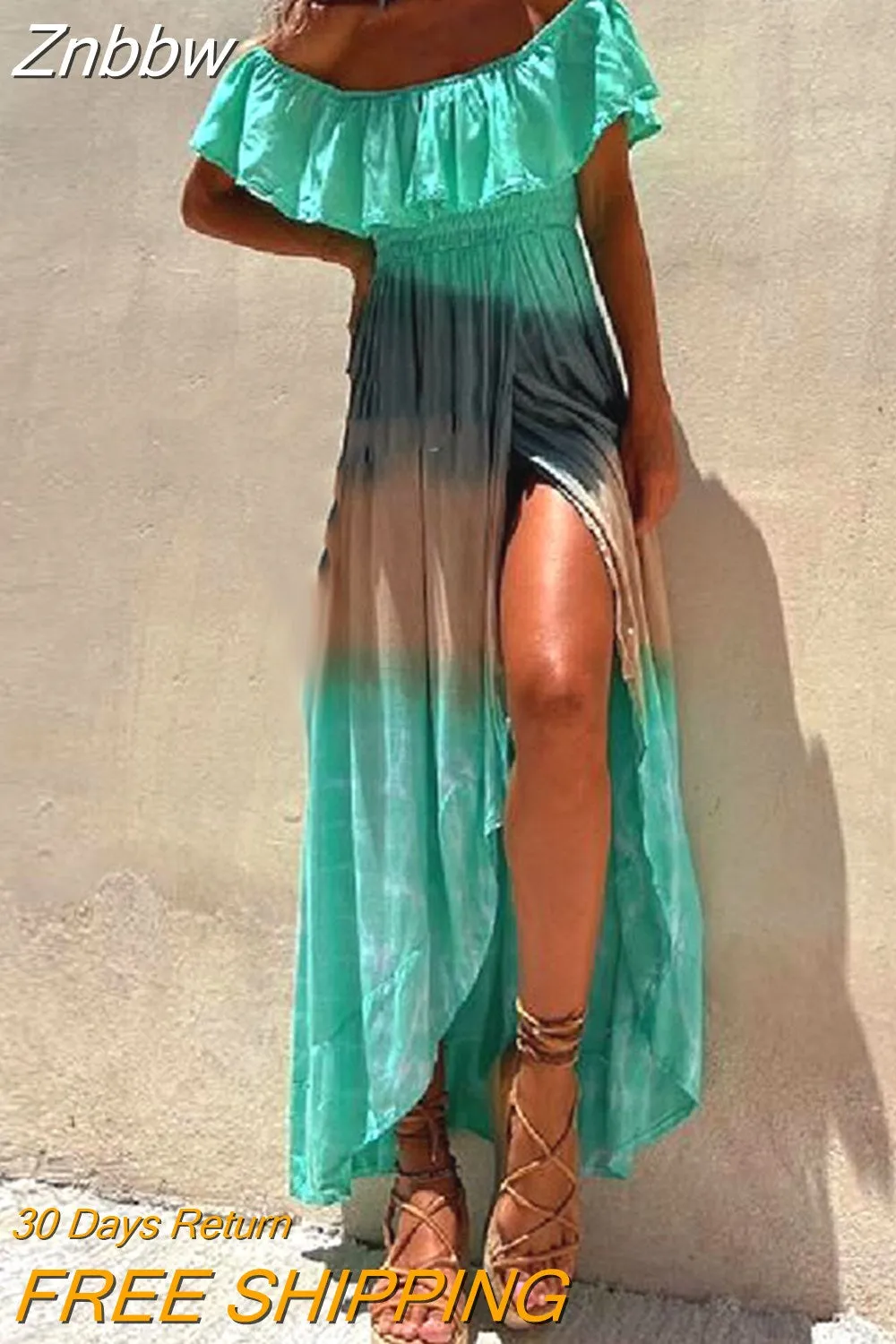 Znbbw Backless Bohemian Dress New Summer Gradient Tie Dye Printed Long Dresses Casual Holiday Women Slash Neck High Waist Dress - Image 4
