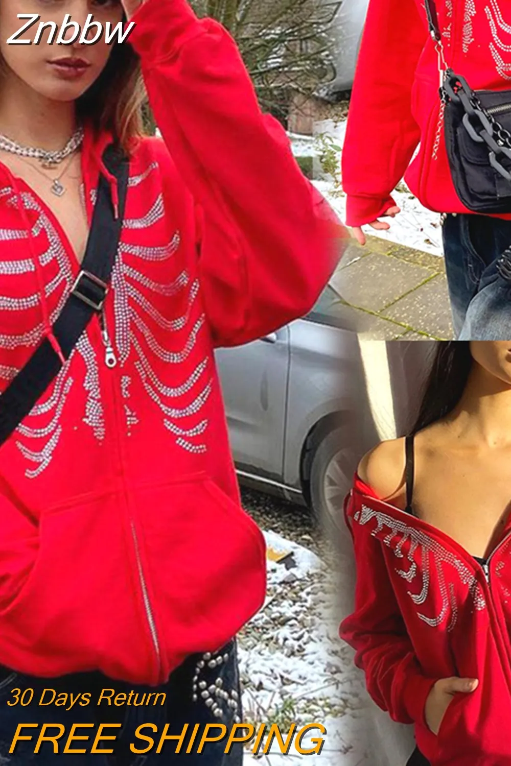 Znbbw Up Gothic Red Hoodie Y2k Autumn Women's Rhinestone Skull Casual Oversized Sweatshirt Punk E-girl Harajuku Long Sleeve Jacket